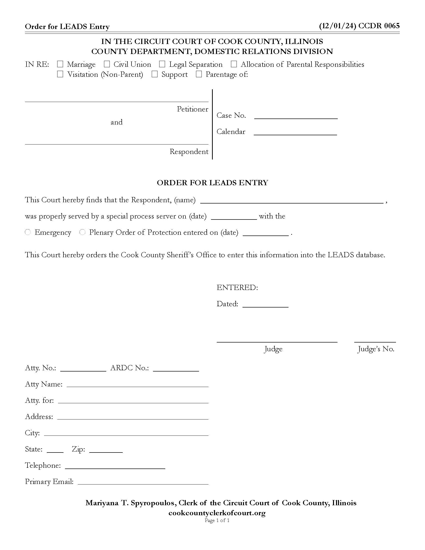 Order For LEADS Entry {CCDR 0065} | Pdf Fpdf Docx | Illinois