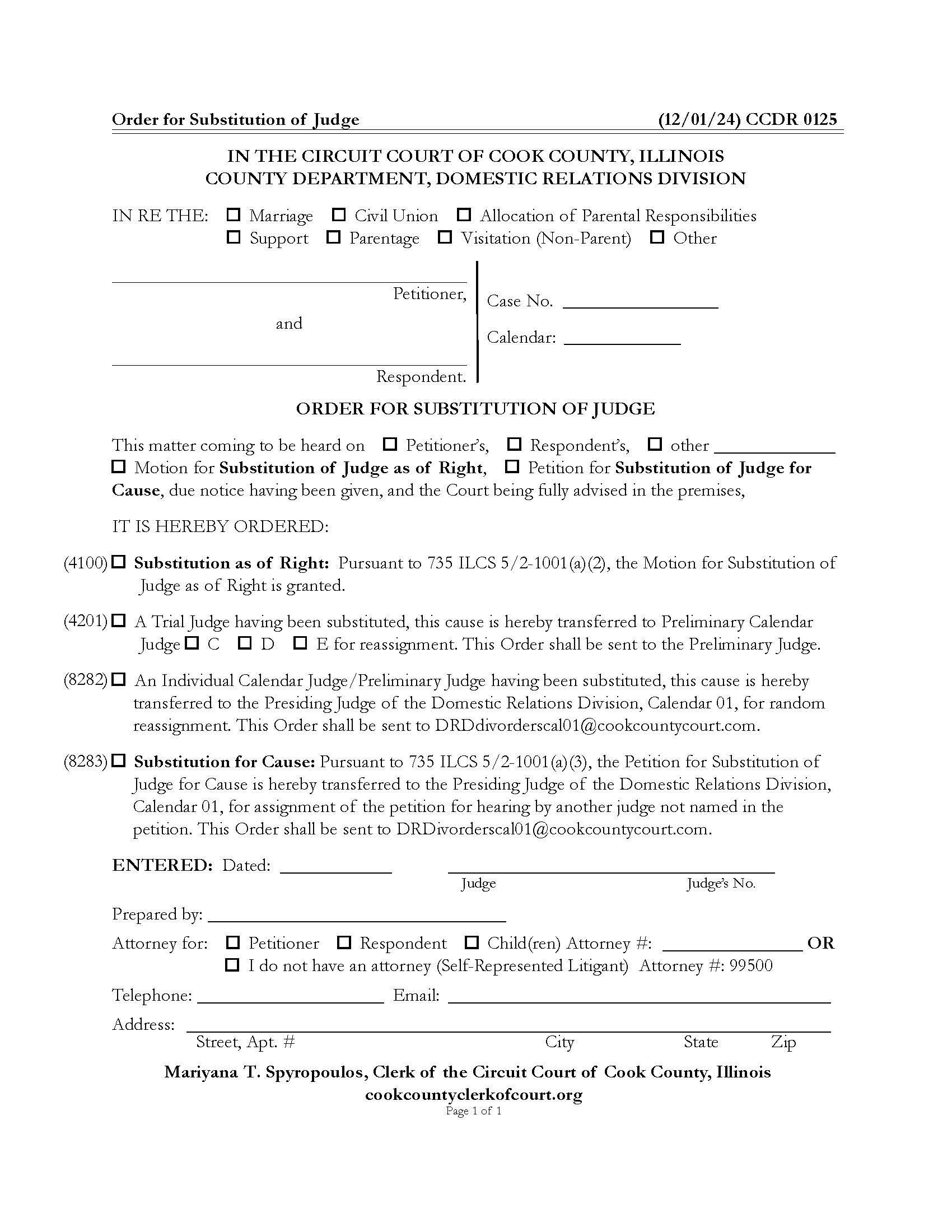 Order For Substitution Of Judge {CCDR 0125} | Pdf Fpdf Docx | Illinois