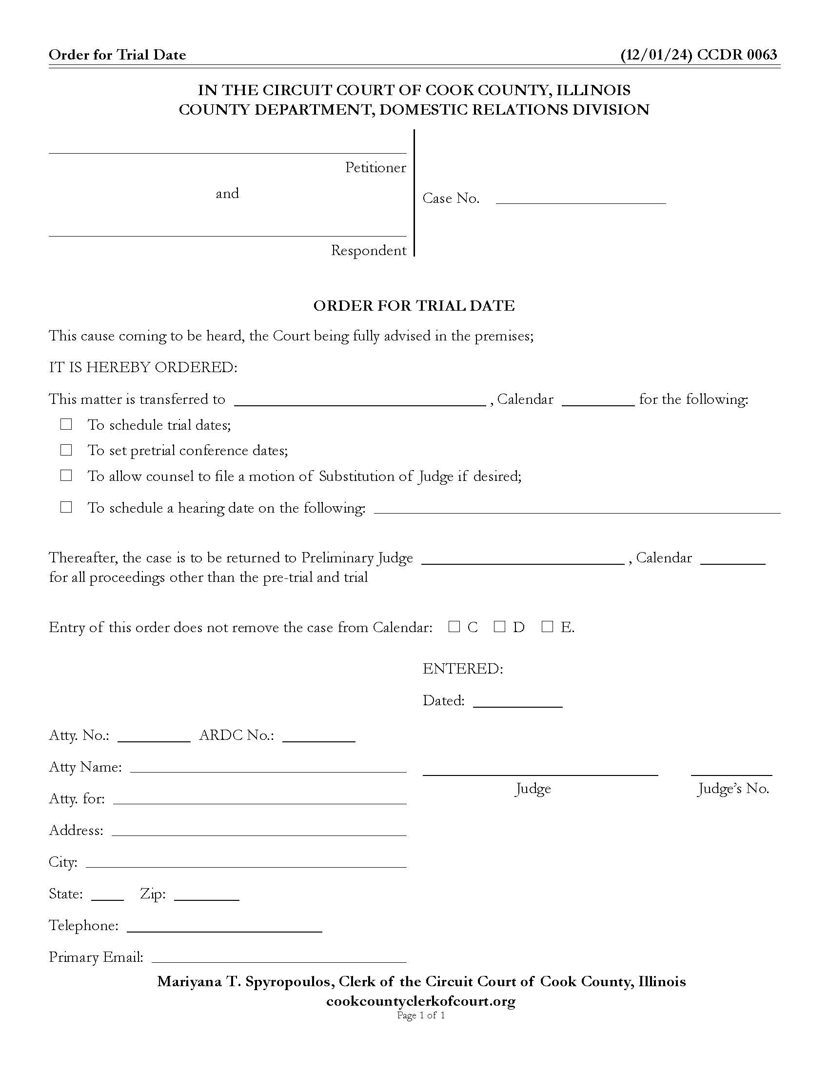 Order For Trial Date {CCDR 0063} | Pdf Fpdf Docx | Illinois