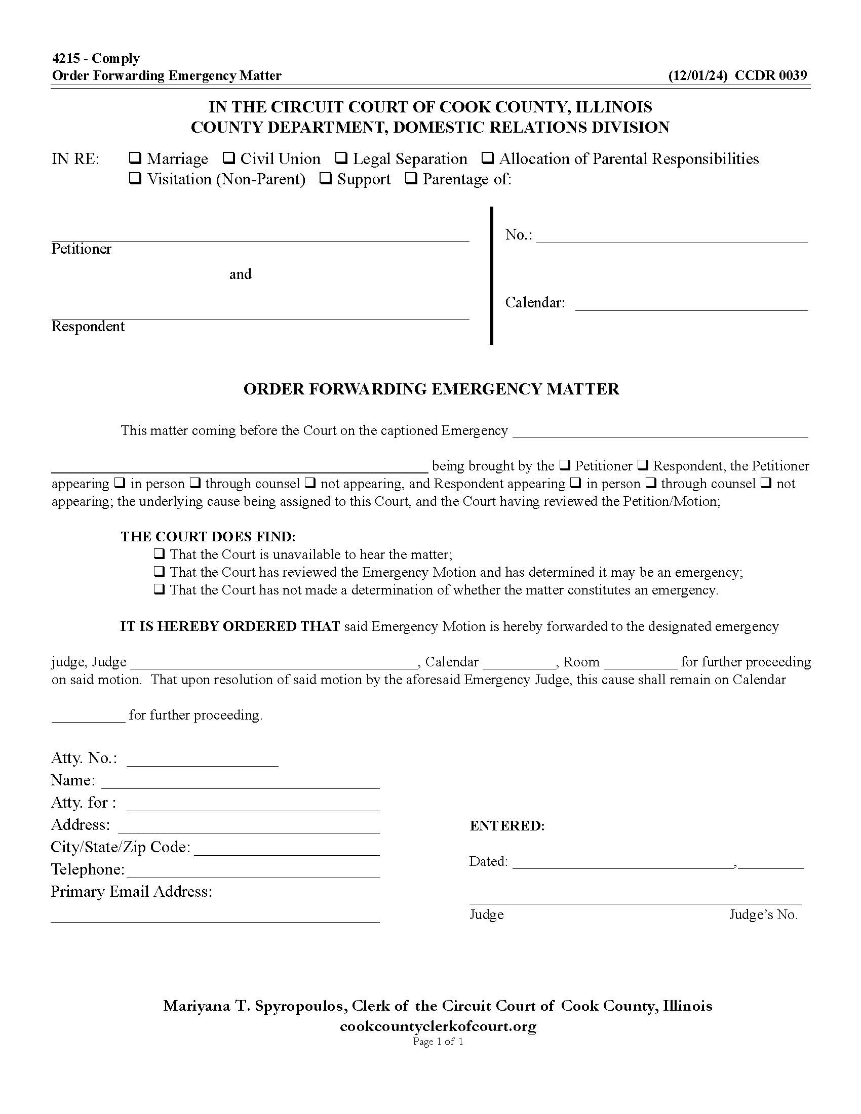 Order Forwarding Emergency Matter {CCDR 0039} | Pdf Fpdf Doc Docx | Illinois