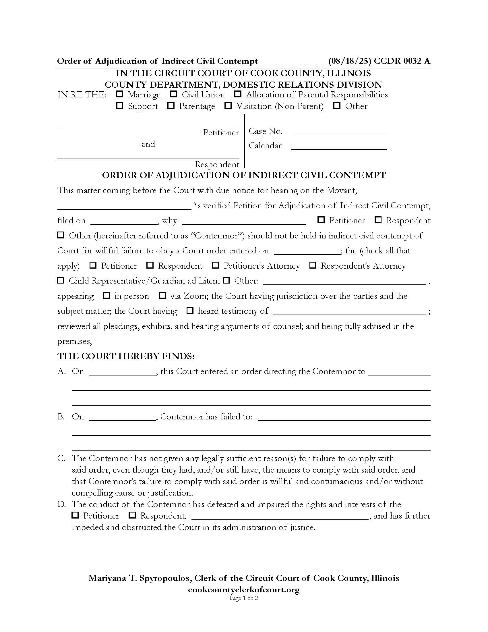 Order Of Adjudication Of Indirect Civil Contempt Order Of Commitment {CCDR 0032} | Pdf Fpdf Doc Docx | Illinois