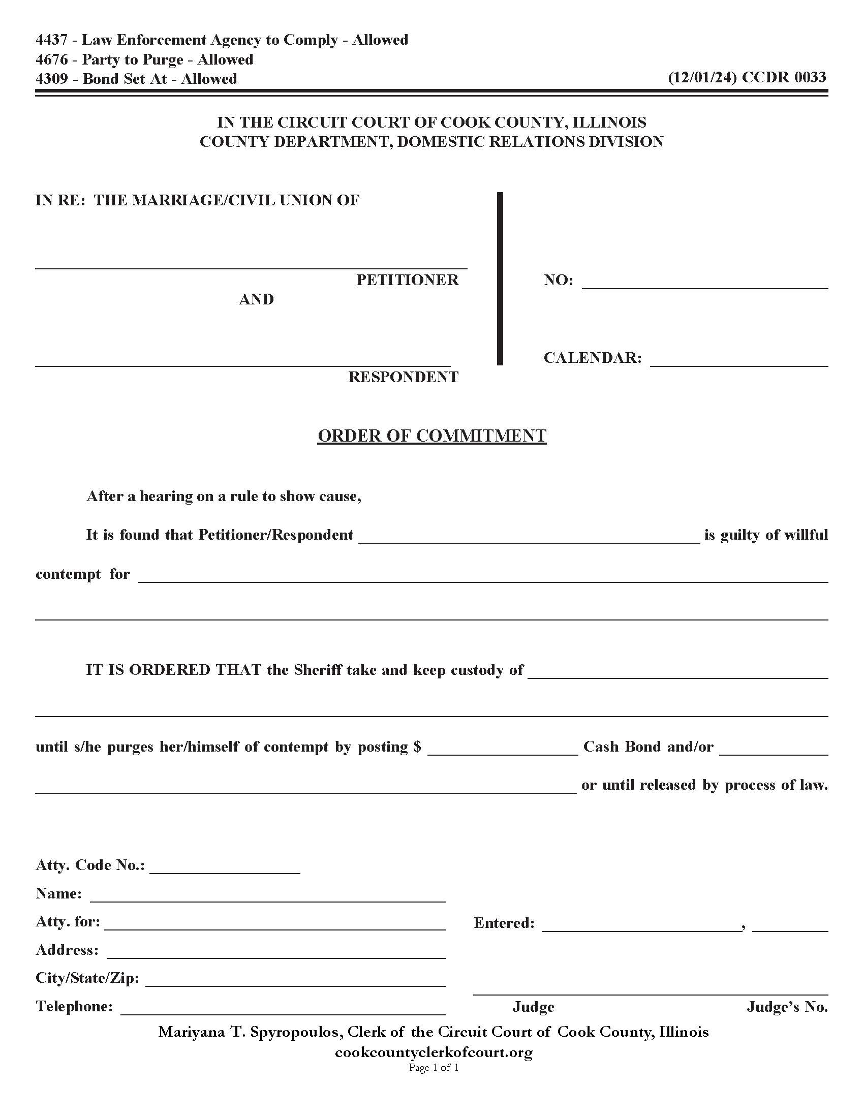 Order Of Commitment {CCDR 0033} | Pdf Fpdf Doc Docx | Illinois