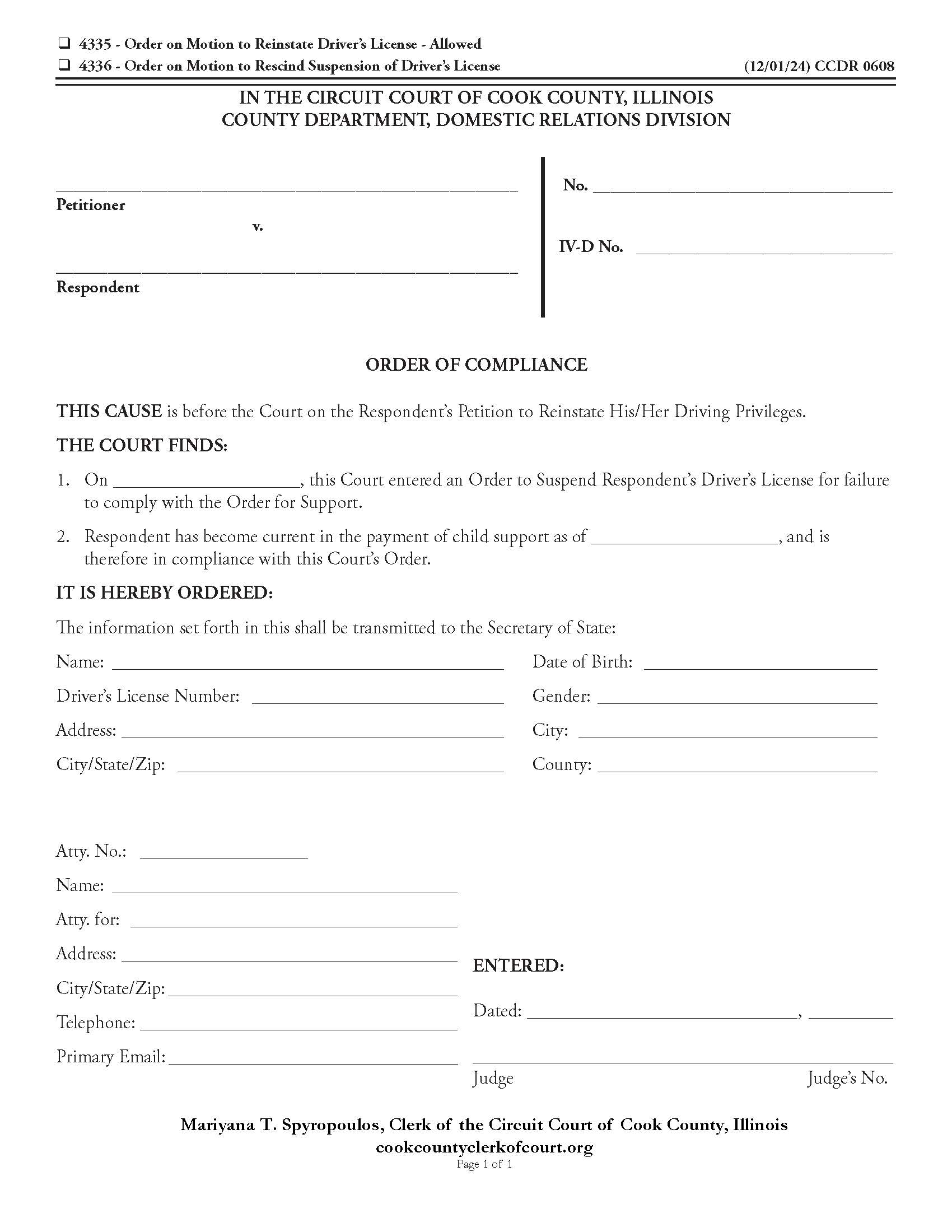 Order Of Compliance {CCDR 0608} | Pdf Fpdf Doc Docx | Illinois