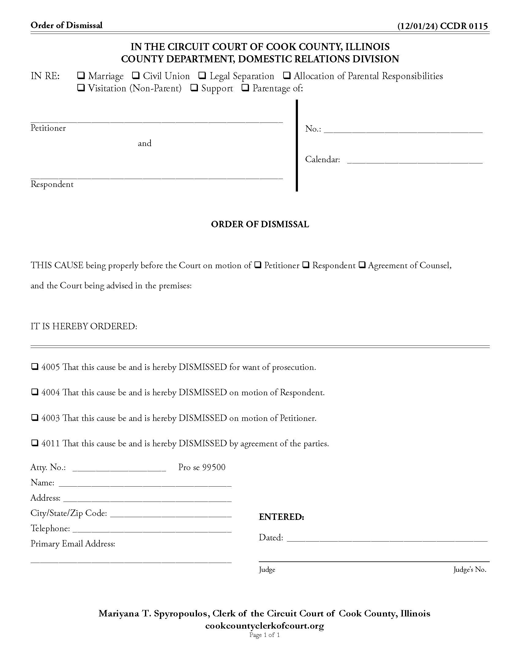 Order Of Dismissal {CCDR 0115} | Pdf Fpdf Doc Docx | Illinois