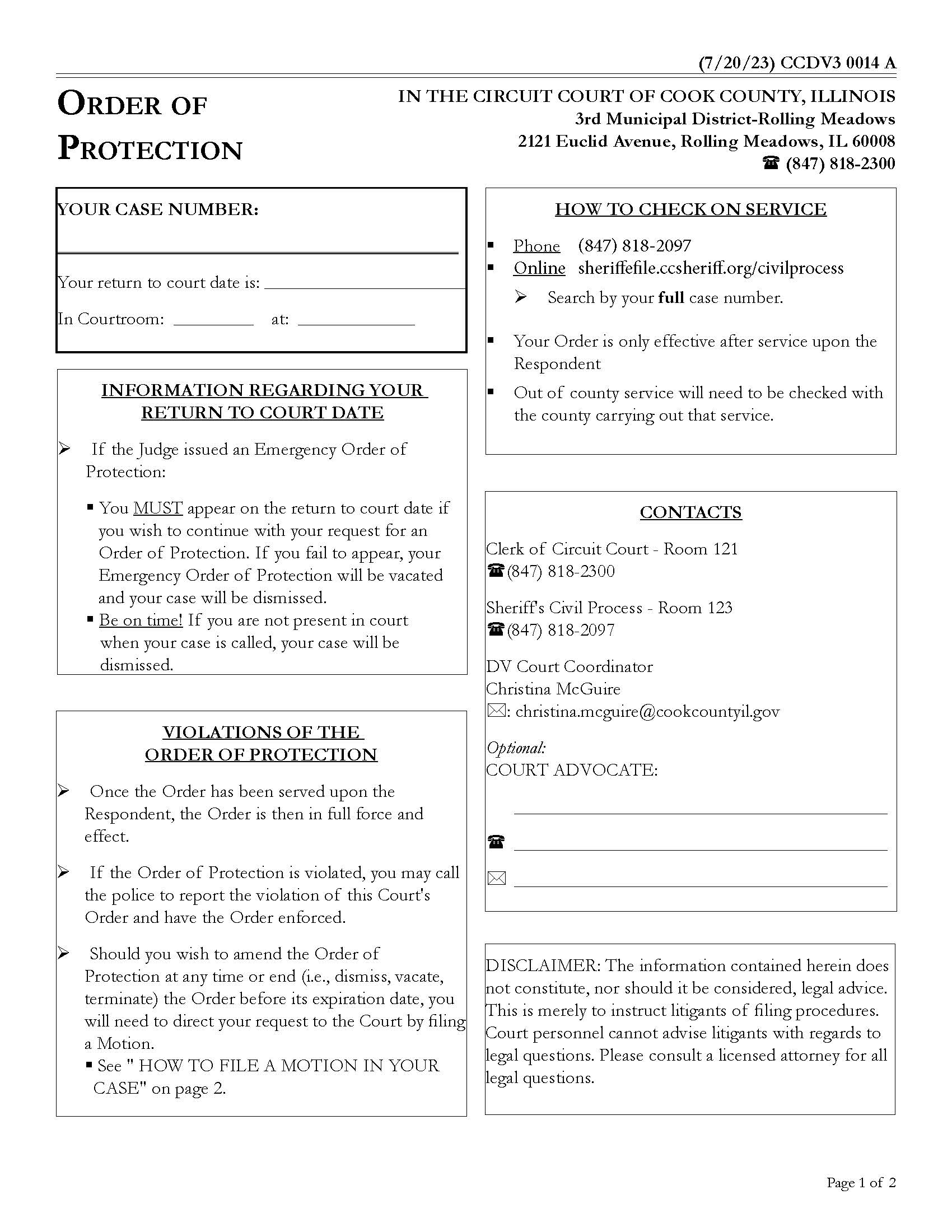 Order Of Protection (Information Sheet) {CCDV3 0014} | Pdf Fpdf Docx | Illinois