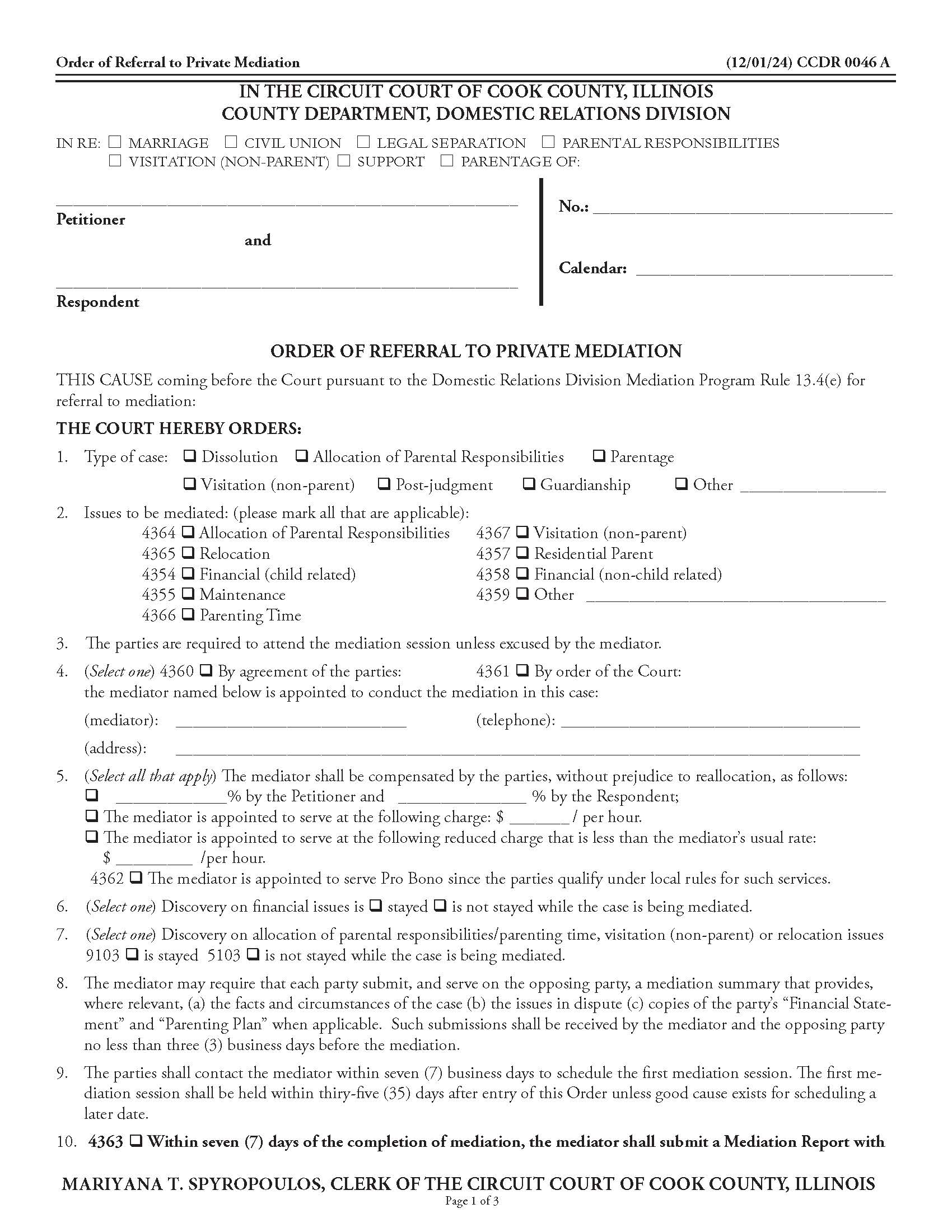 Order Of Referral To Private Mediation {CCDR 0046} | Pdf Fpdf Doc Docx | Illinois