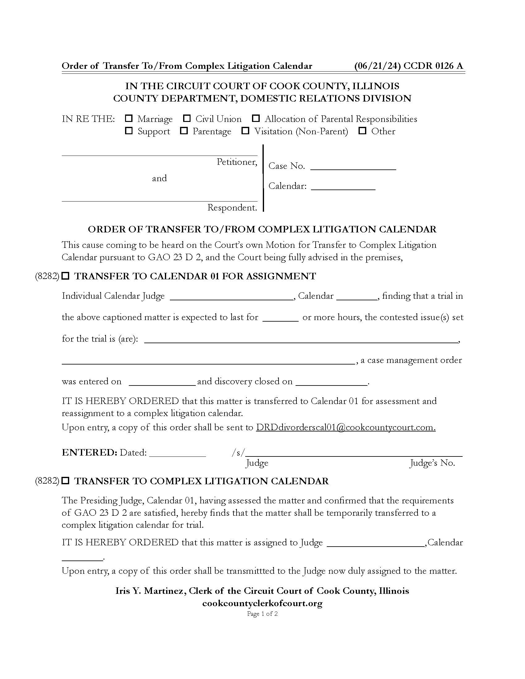 Order Of Transfer To-From Complex Litigation Calendar {CCDR 0126} | Pdf Fpdf Docx | Illinois