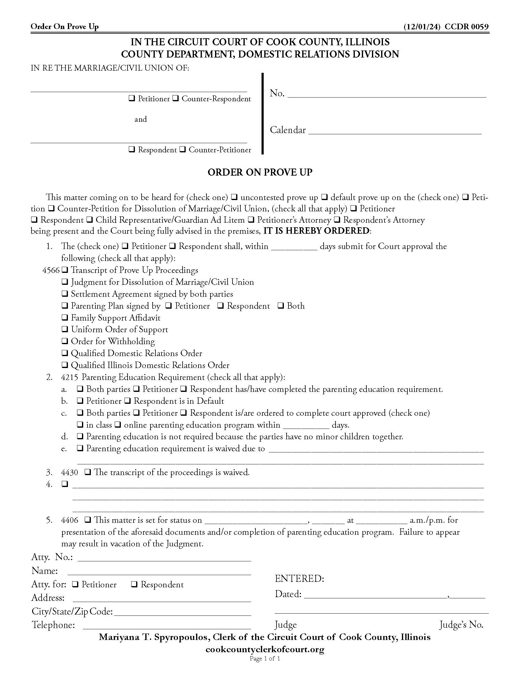 Order On Prove Up {CCDR 0059} | Pdf Fpdf Doc Docx | Illinois