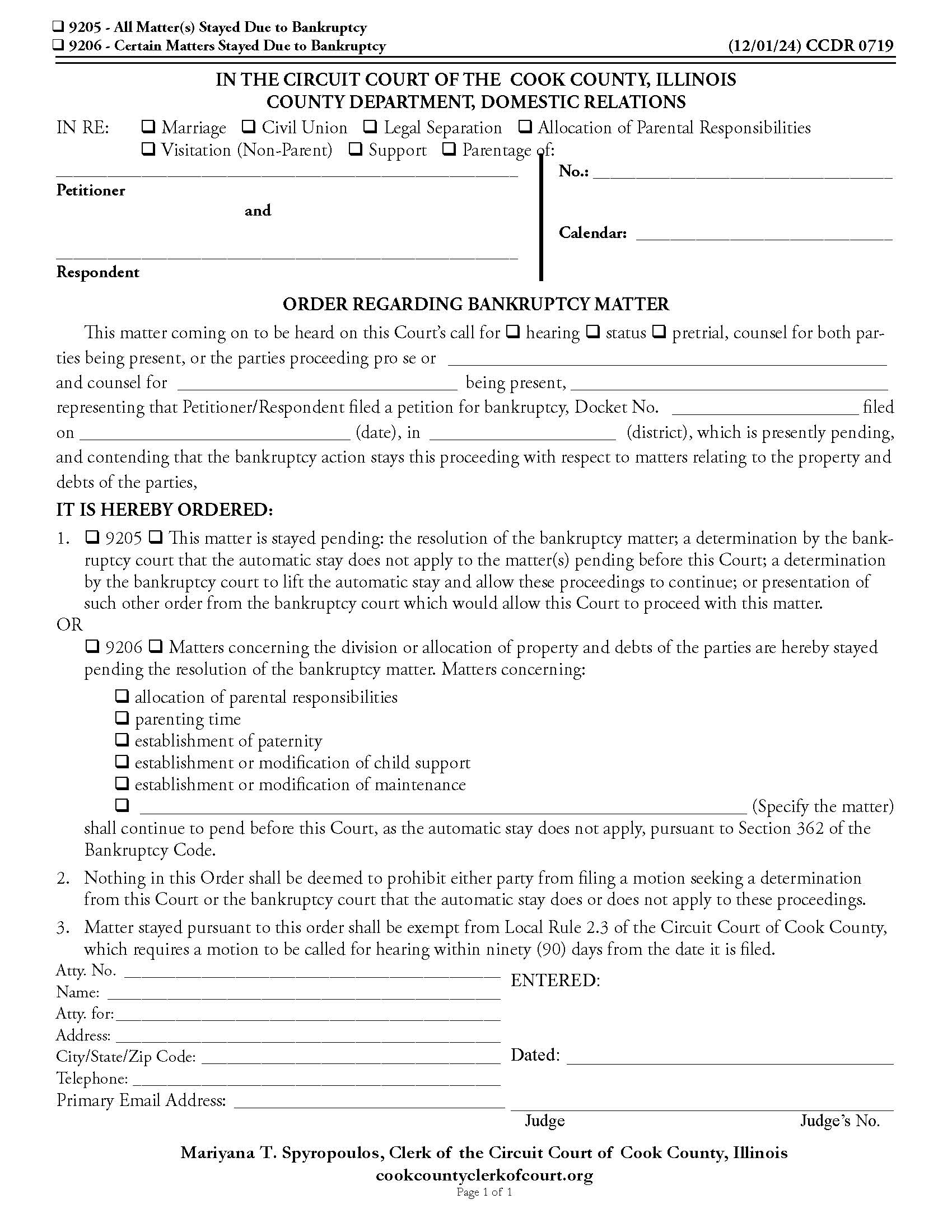 Order Regarding Bankruptcy Matter {CCDR 0719} | Pdf Fpdf Doc Docx | Illinois