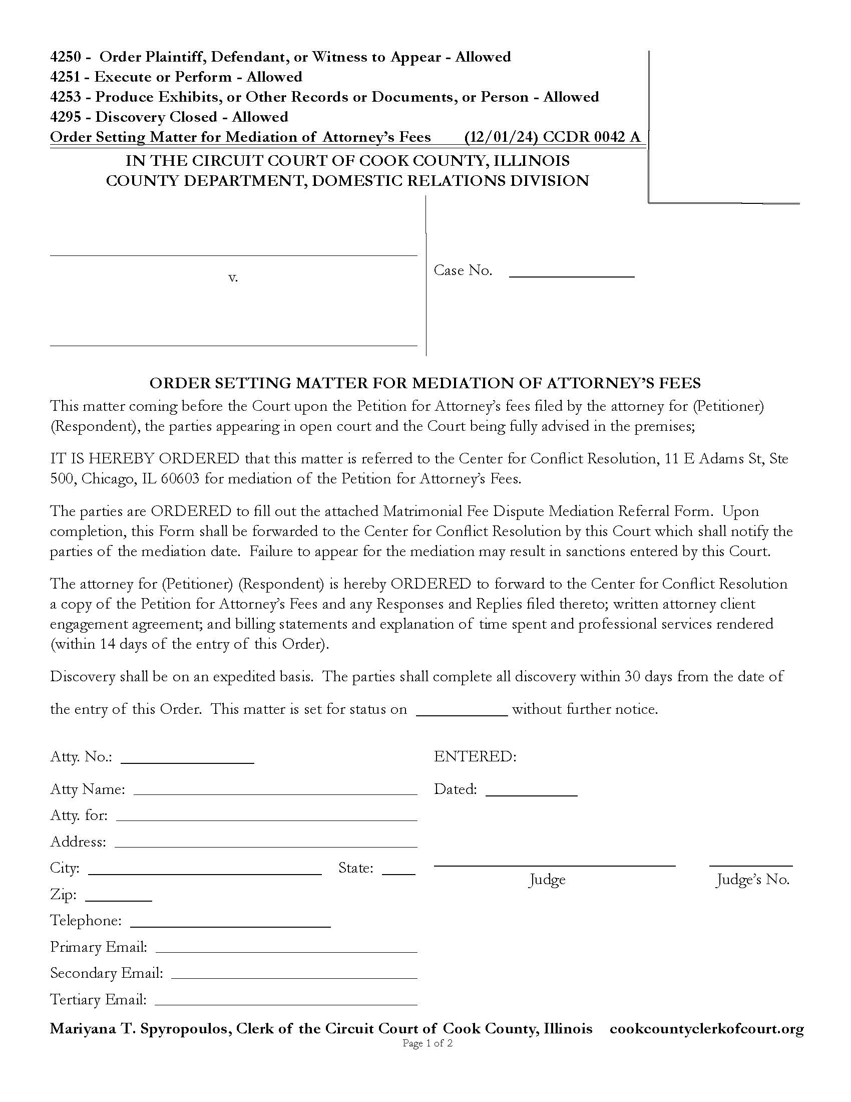 Order Setting Matter For Mediation Of Attorneys Fees {CCDR 0042} | Pdf Fpdf Docx | Illinois
