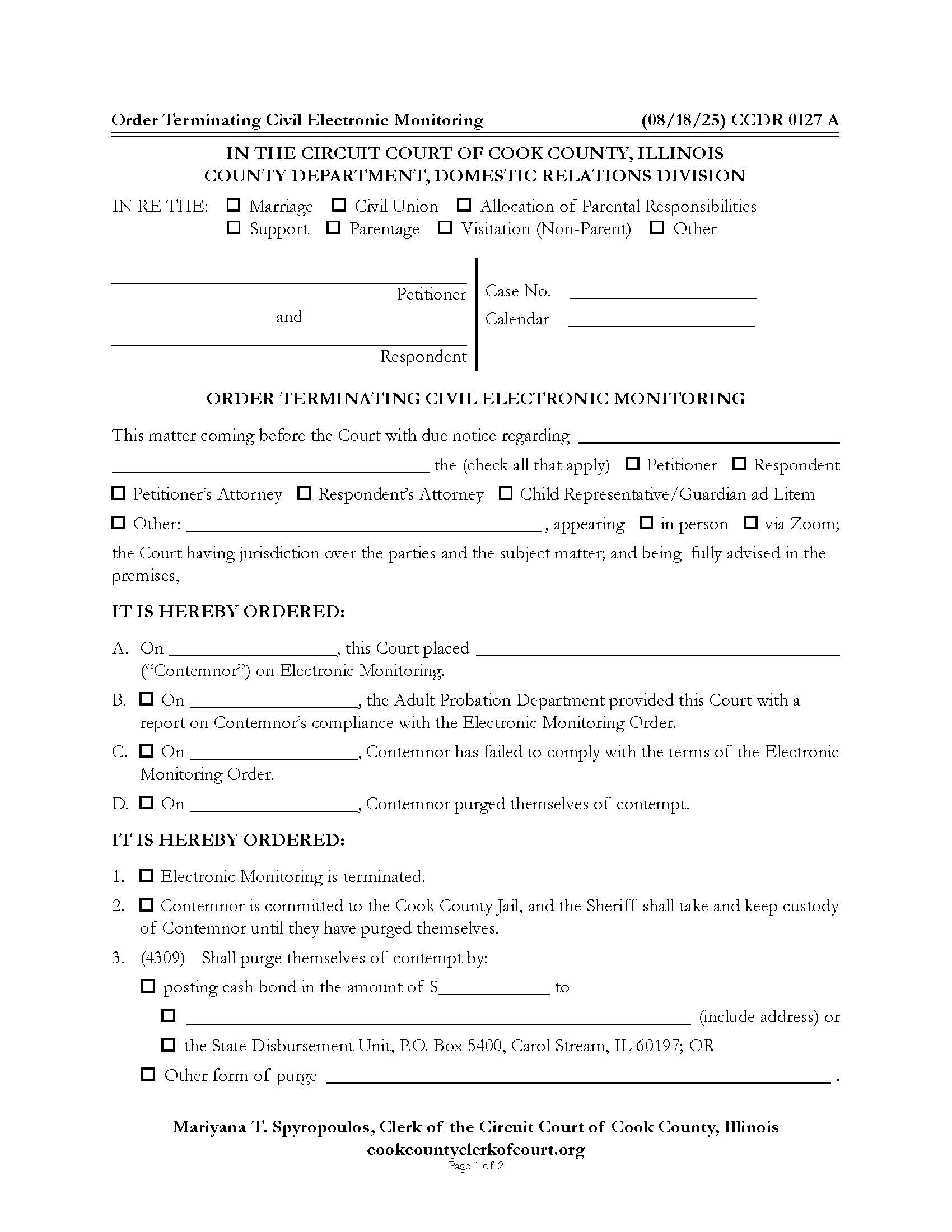 Order Terminating Civil Electronic Monitoring {CCDR 0127} | Pdf Fpdf Doc Docx | Illinois