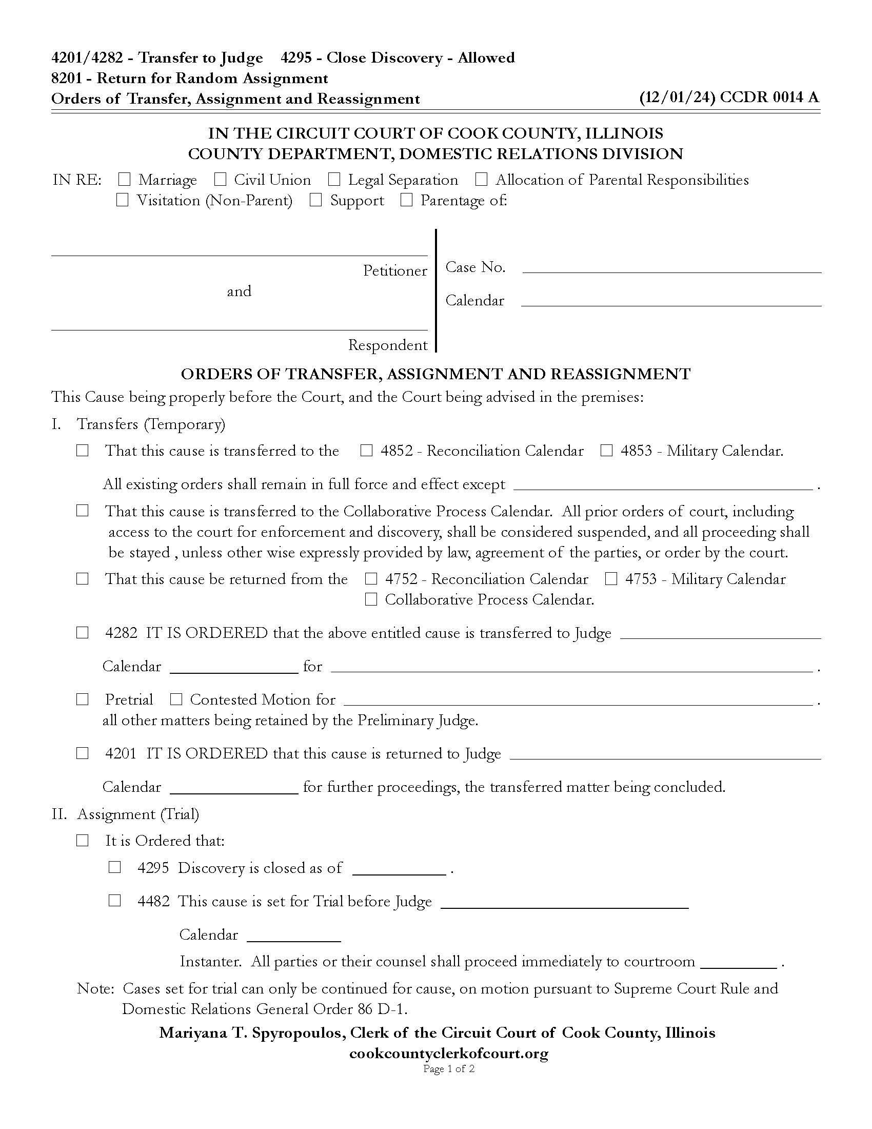 Orders Of Transfer Assignment And Reassignment {CCDR 0014} | Pdf Fpdf Doc Docx | Illinois