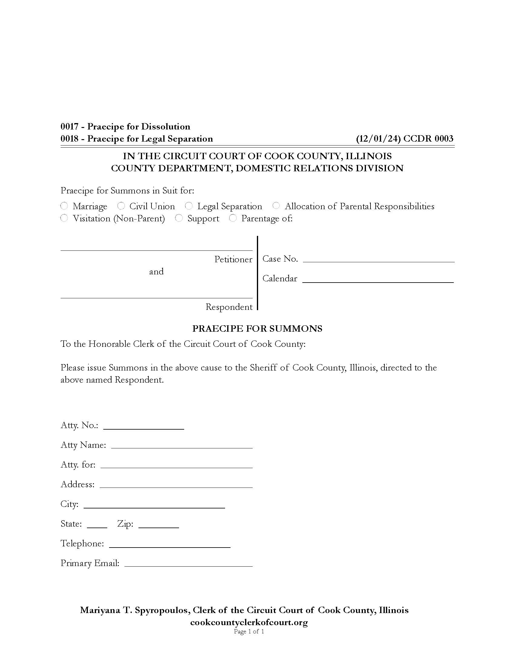 Praecipe For Summons {CCDR 0003} | Pdf Fpdf Docx | Illinois