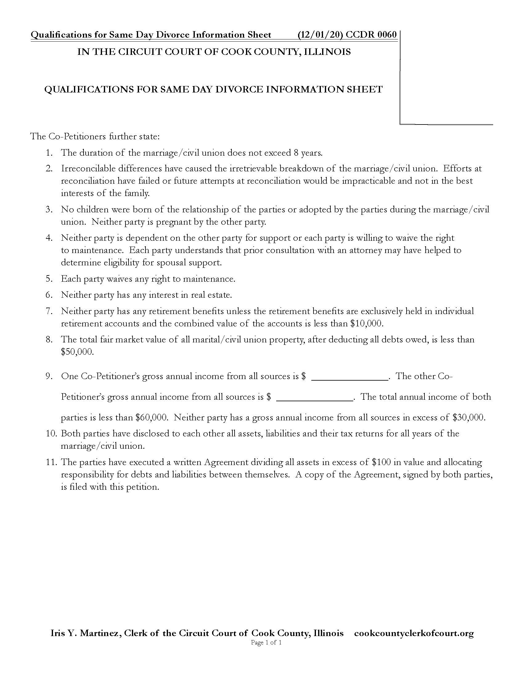 Qualifications For Same Day Divorce Information Sheet {CCDR 0060} | Pdf Fpdf Docx | Illinois