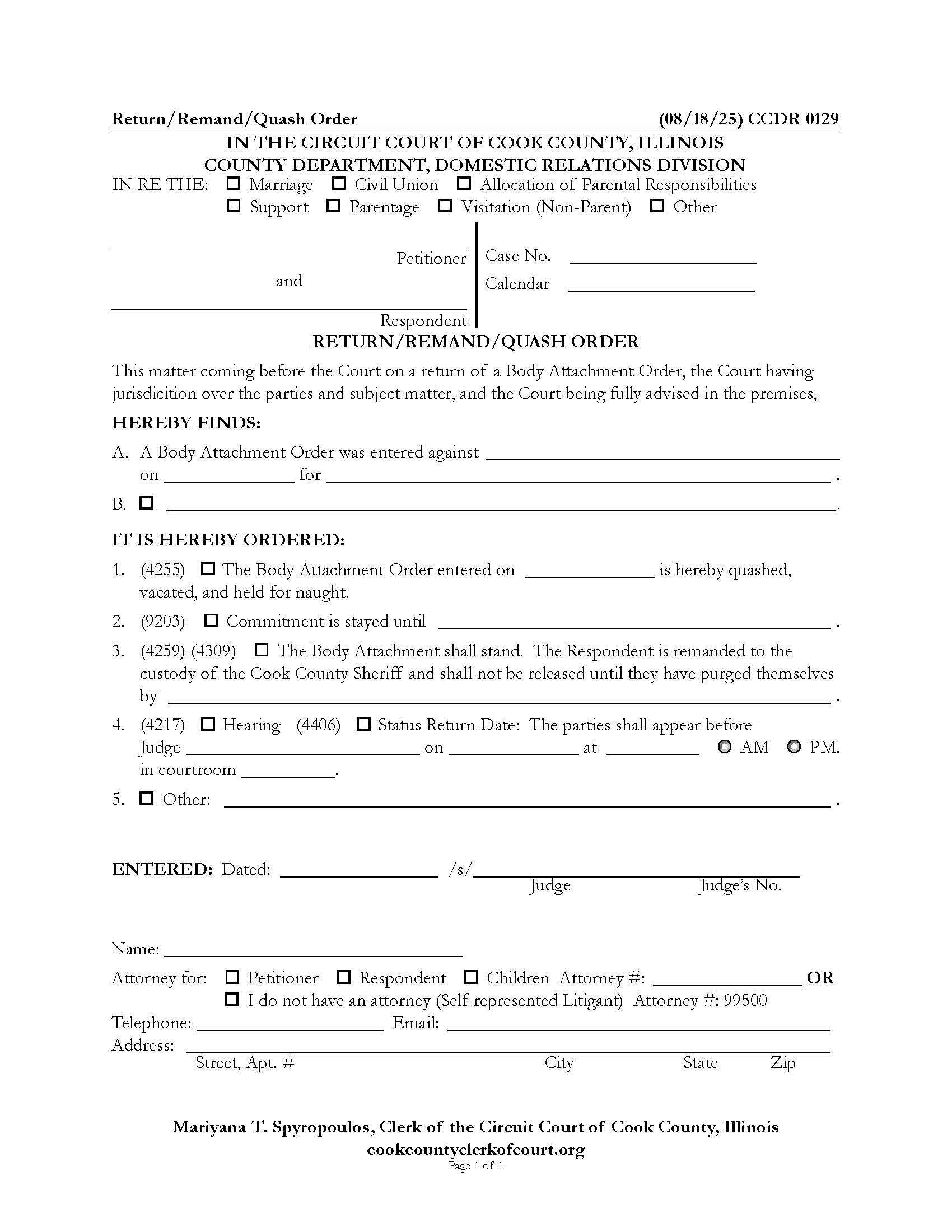 Return Remand Quash Order {CCDR 0129} | Pdf Fpdf Docx | Illinois