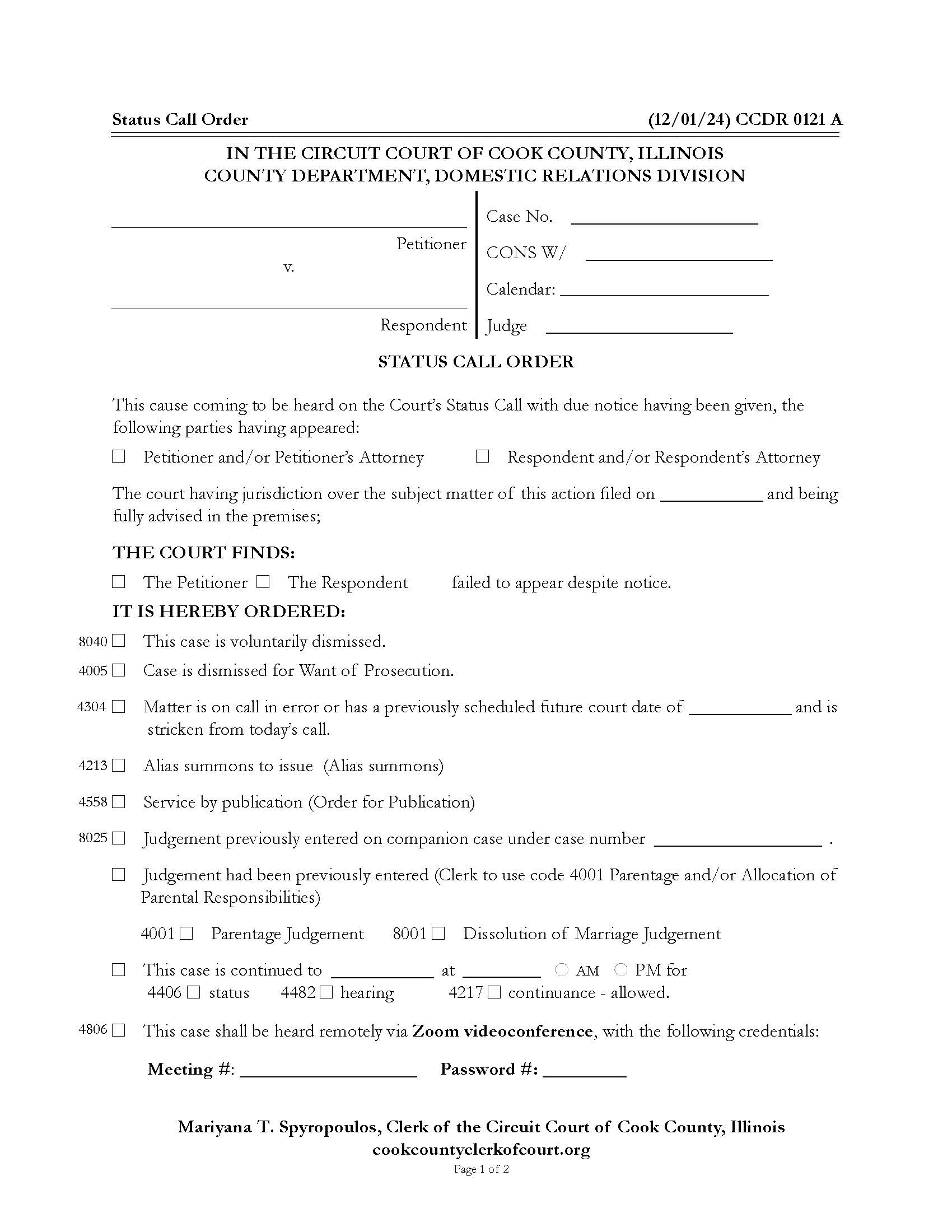 Status Call Order {CCDR 0121} | Pdf Fpdf Docx | Illinois