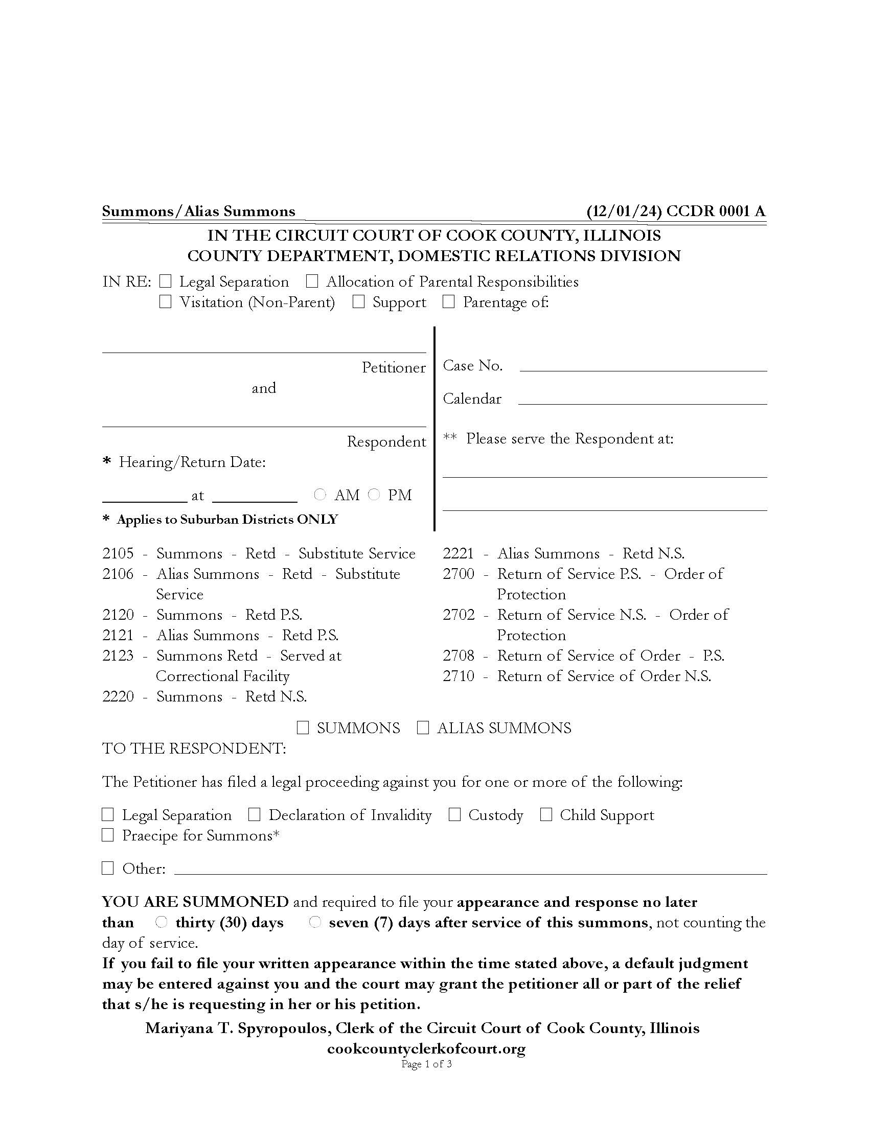Summons Alias Summons {CCDR 0001} | Pdf Fpdf Docx | Illinois