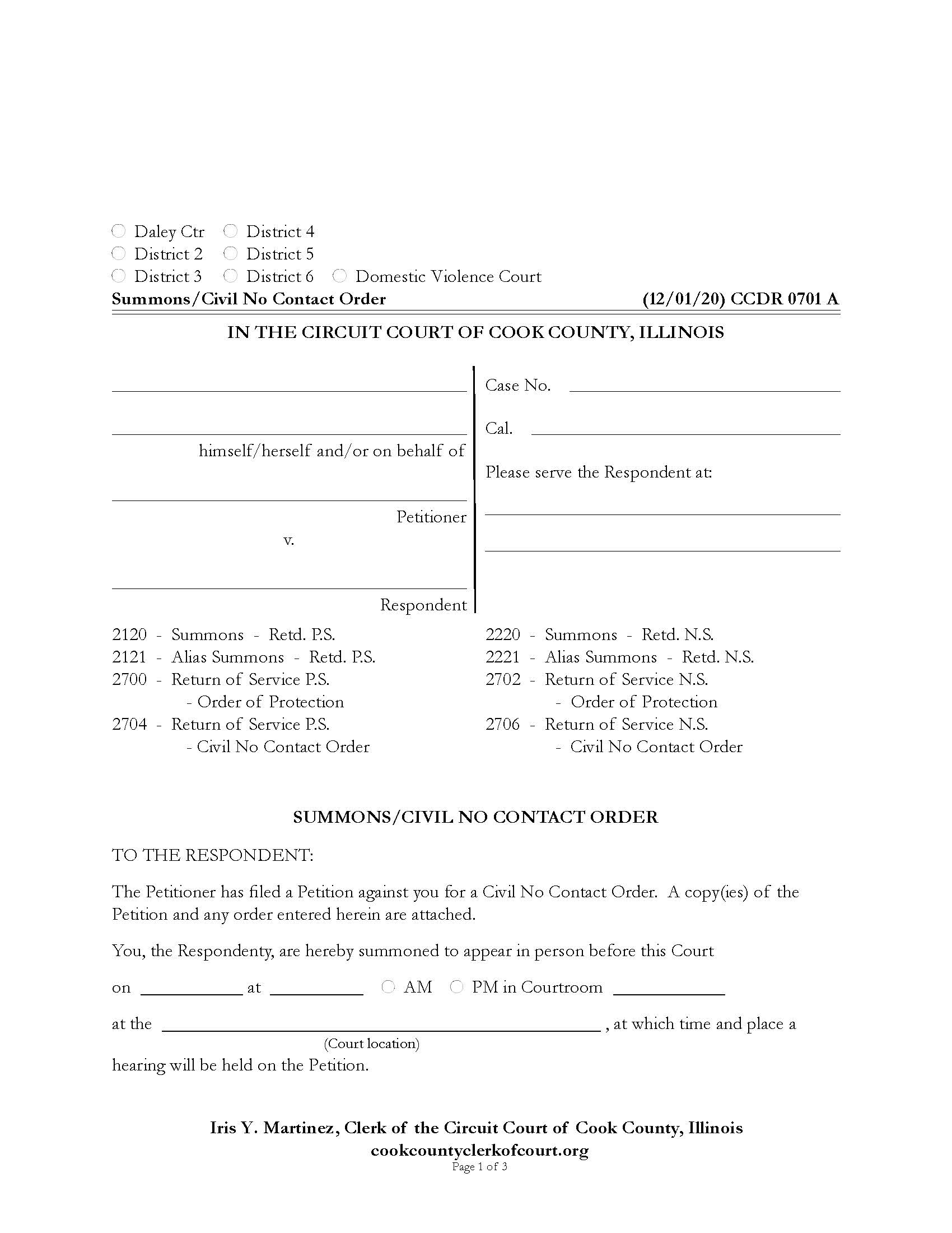 Summons Civil No Contact Order {CCDR 0701} | Pdf Fpdf Docx | Illinois