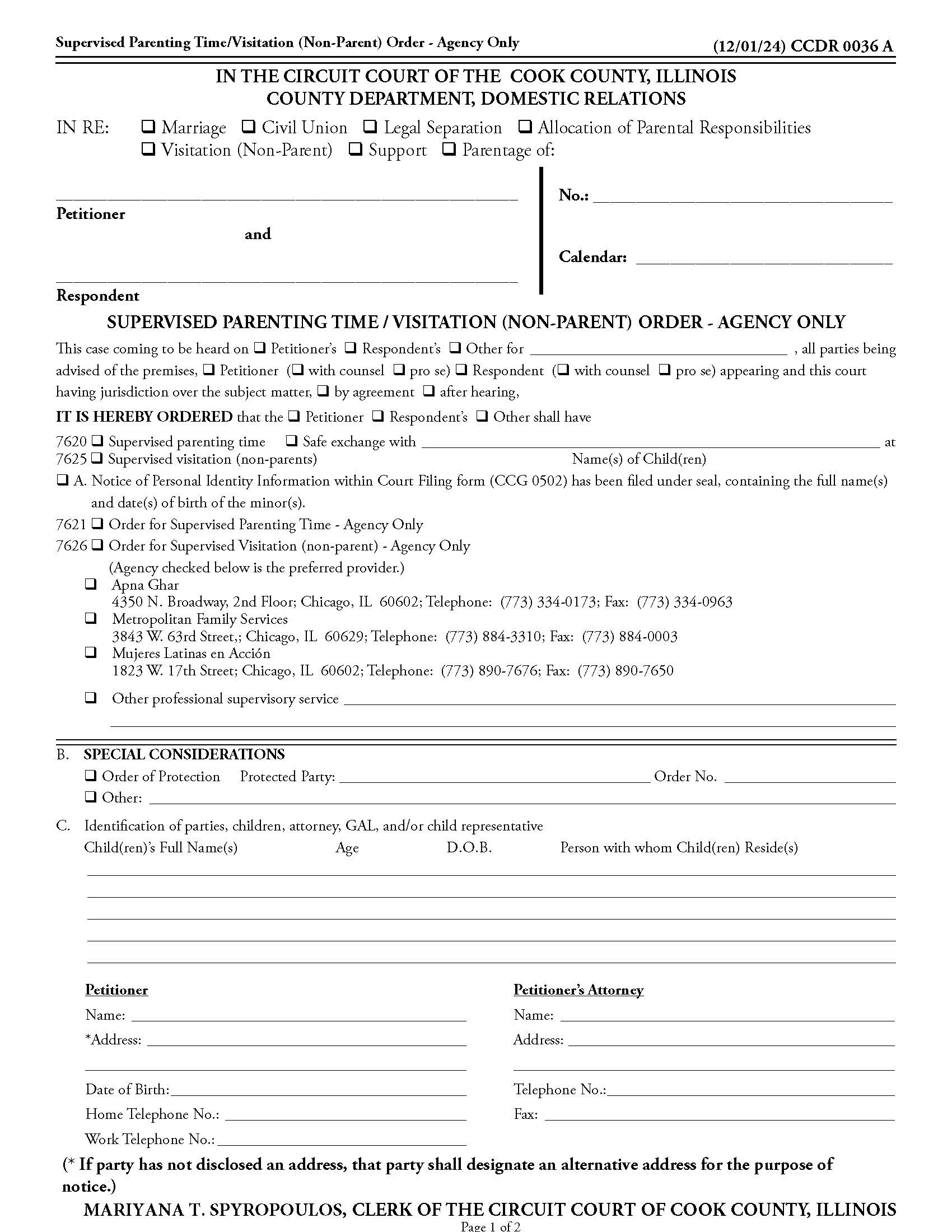 Supervised Parenting Time-Visitation (Non-Parent) Order - Agency Only {CCDR 0036} | Pdf Fpdf Doc Docx | Illinois