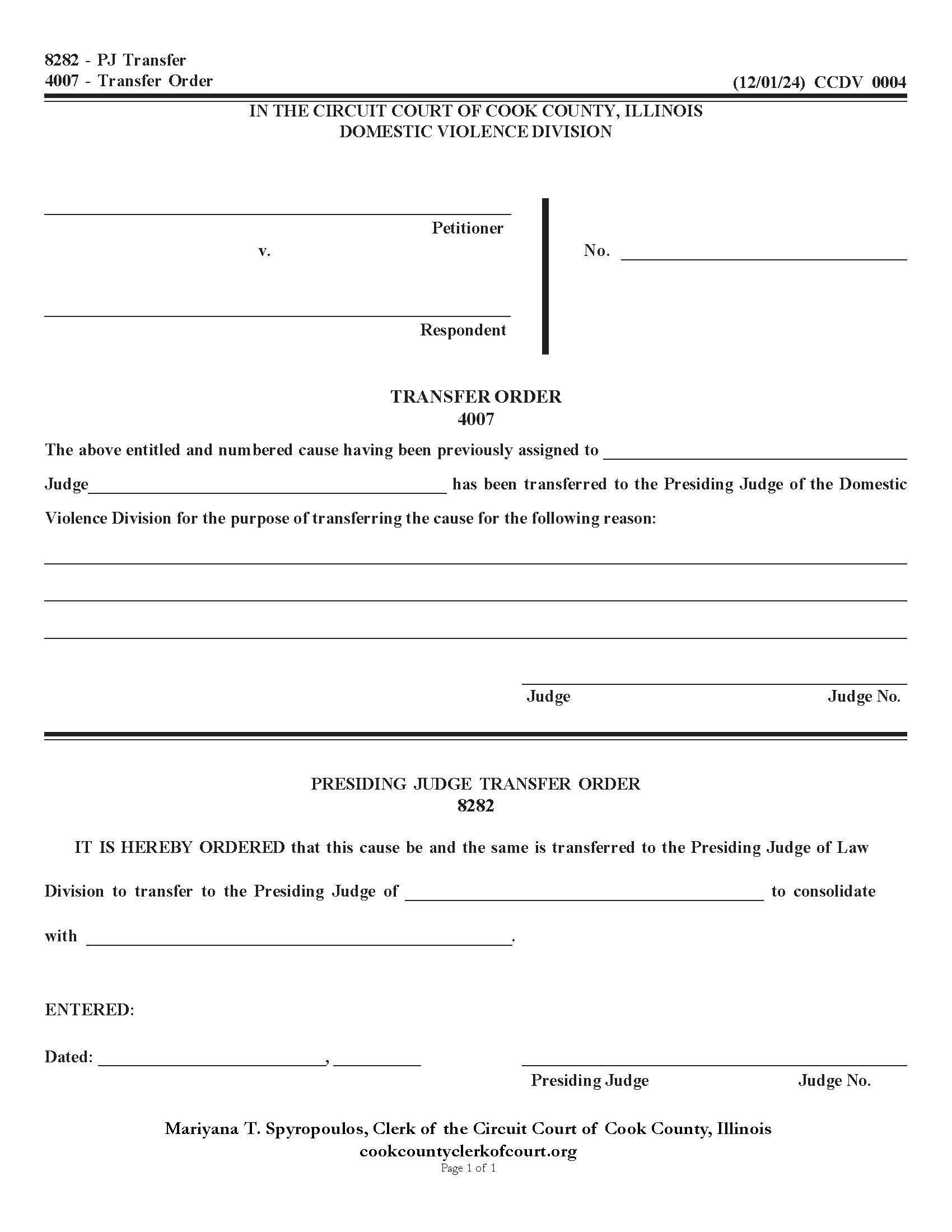 Transfer Order {CCDV 0004} | Pdf Fpdf Docx | Illinois