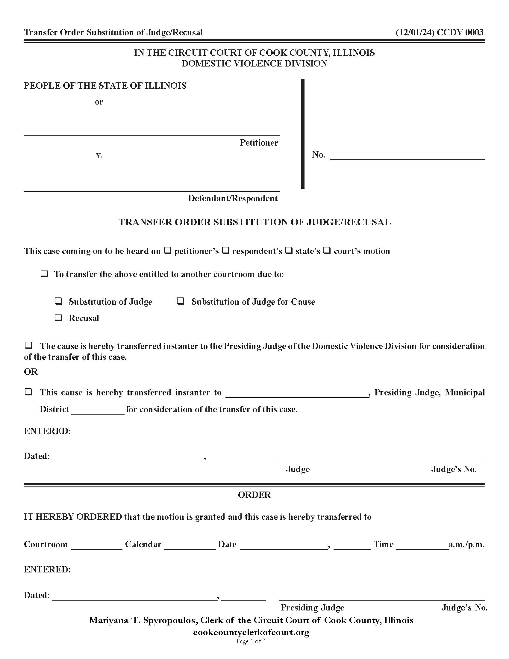 Transfer Order Substitution Of Judge-Recusal {CCDV 0003} | Pdf Fpdf Docx | Illinois