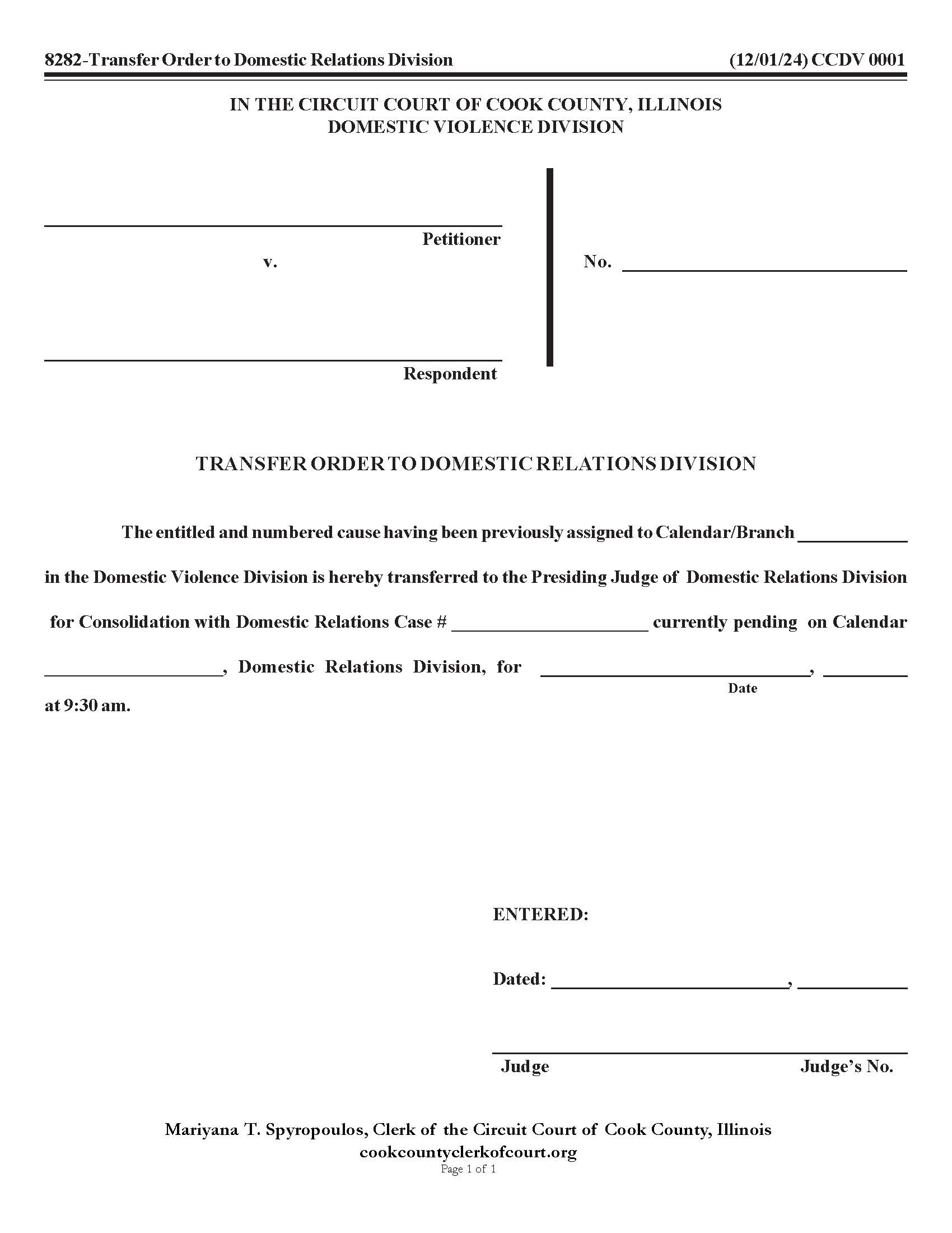 Transfer Order To Domestic Relations Division {CCDV 0001} | Pdf Fpdf Docx | Illinois
