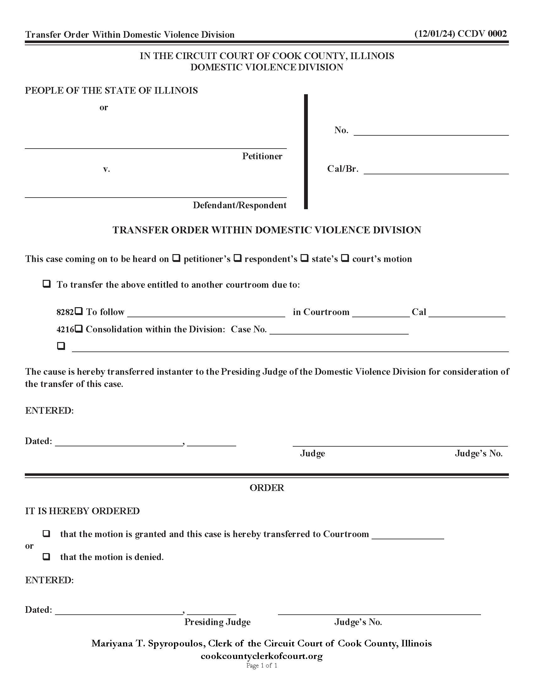 Transfer Order Within Domestic Violence Division {CCDV 0002} | Pdf Fpdf Docx | Illinois