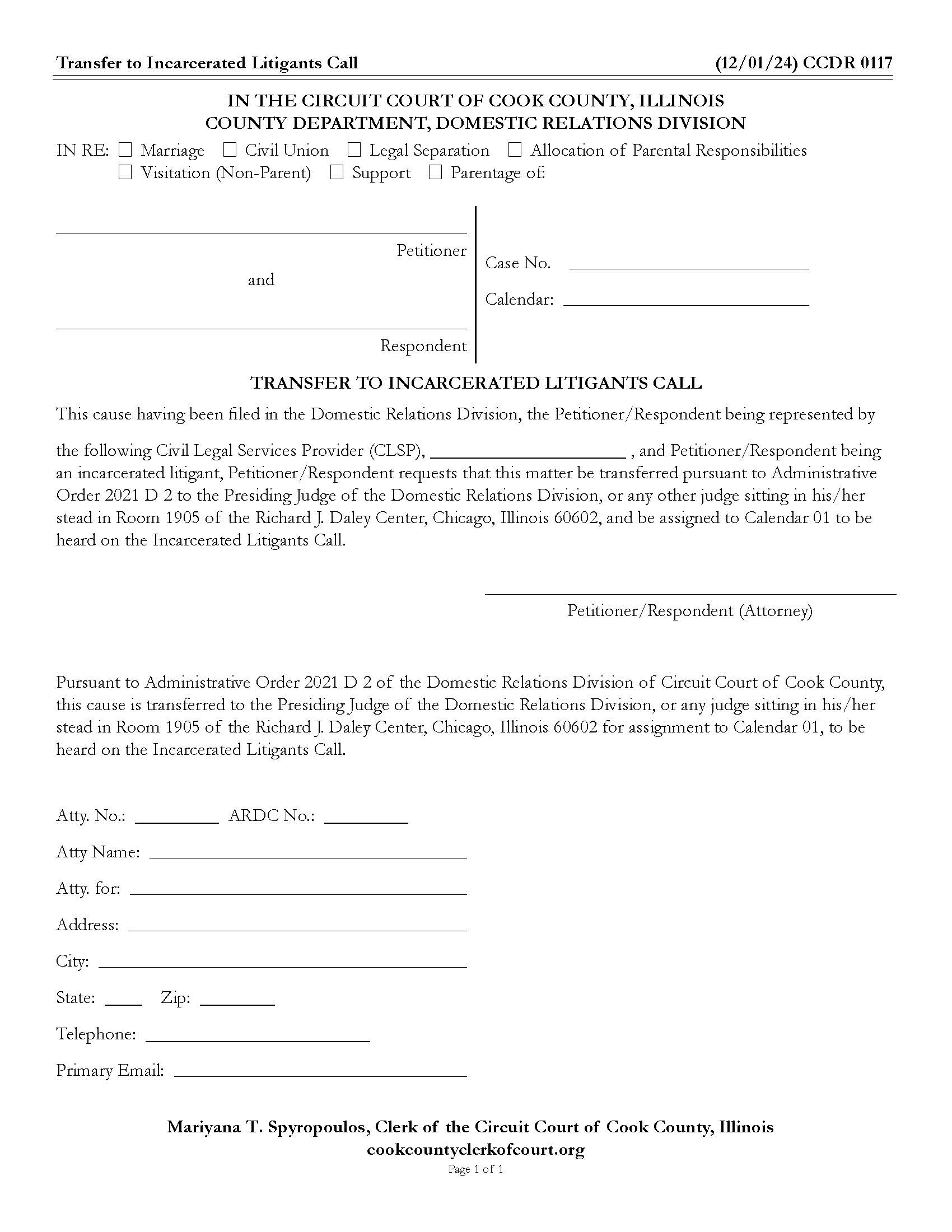 Transfer To Incarcerated Litigants Call {CCDR 0117} | Pdf Fpdf Docx | Illinois