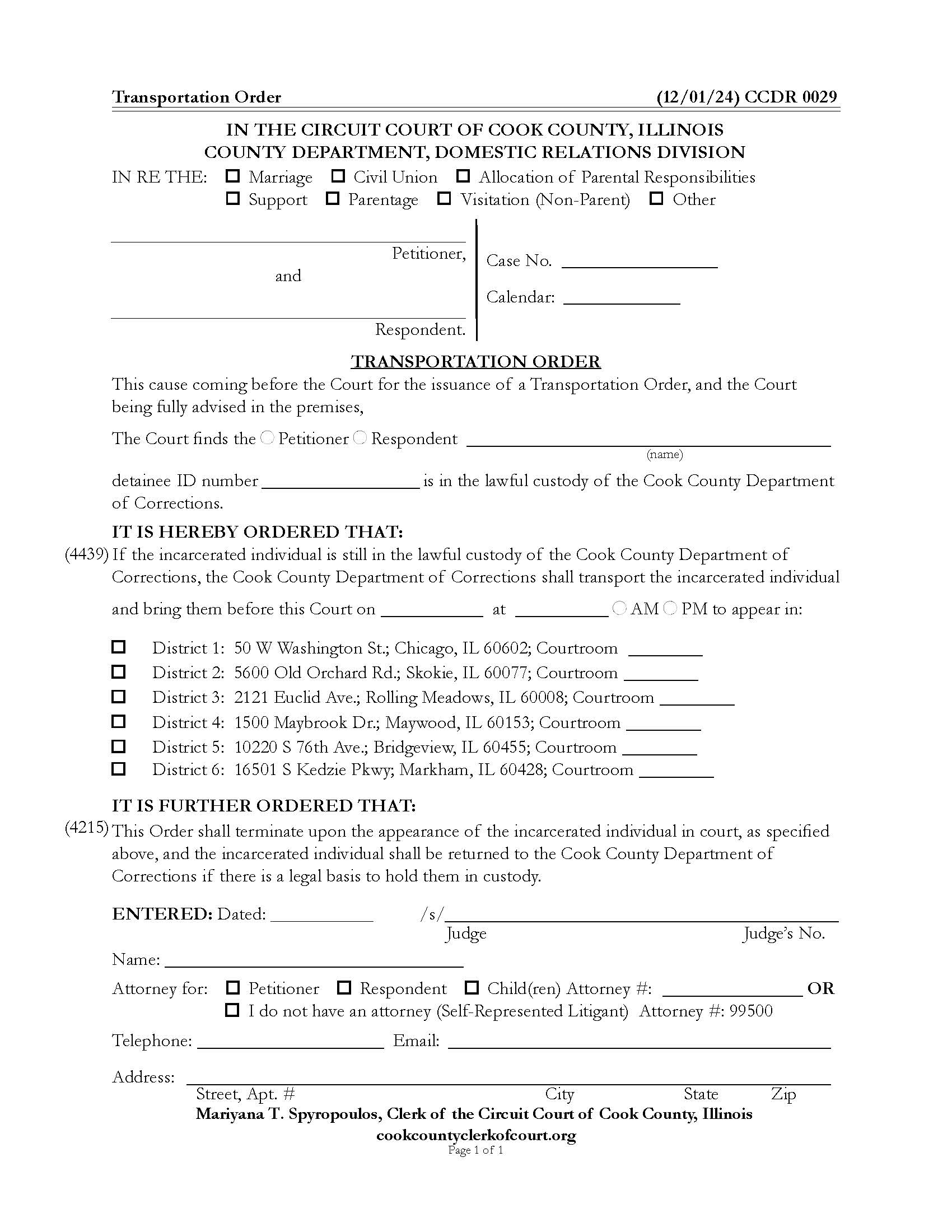 Transportation Order {CCDR 0029} | Pdf Fpdf Doc Docx | Illinois
