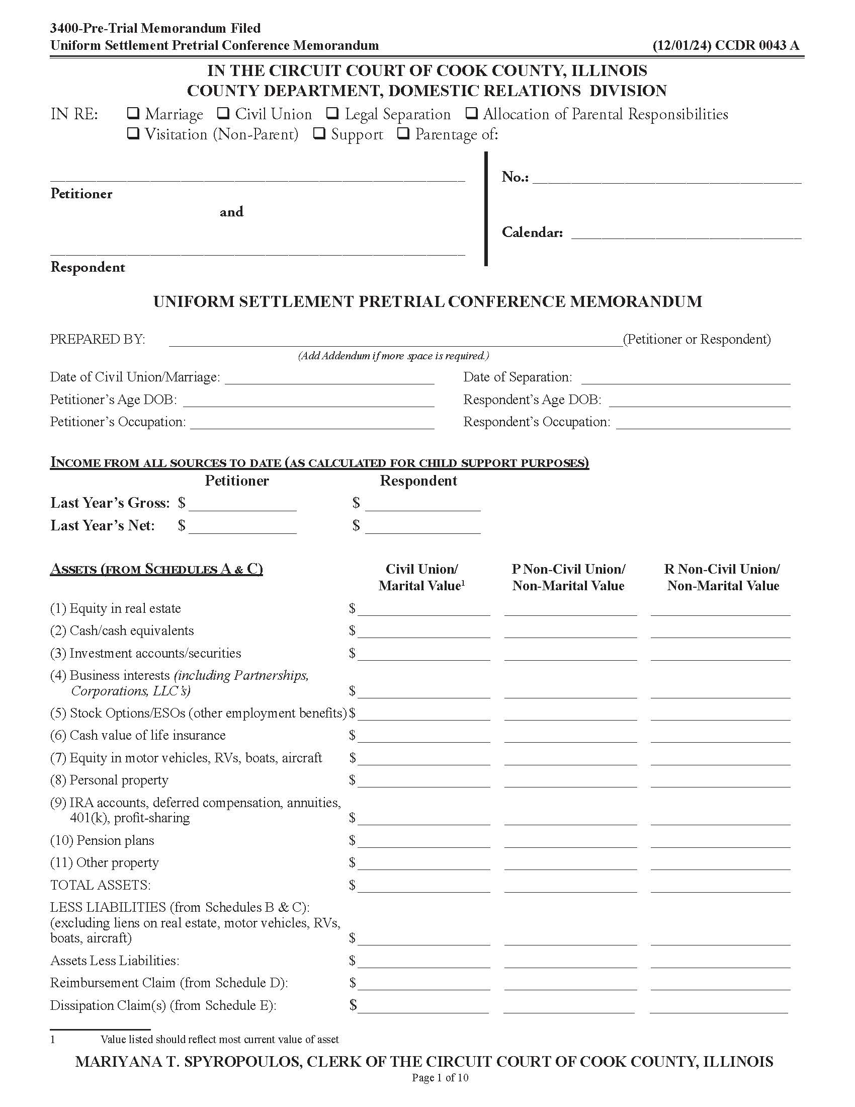 Uniform Settlement Pretrial Conference Memorandum {CCDR 0043} | Pdf Fpdf Doc Docx | Illinois