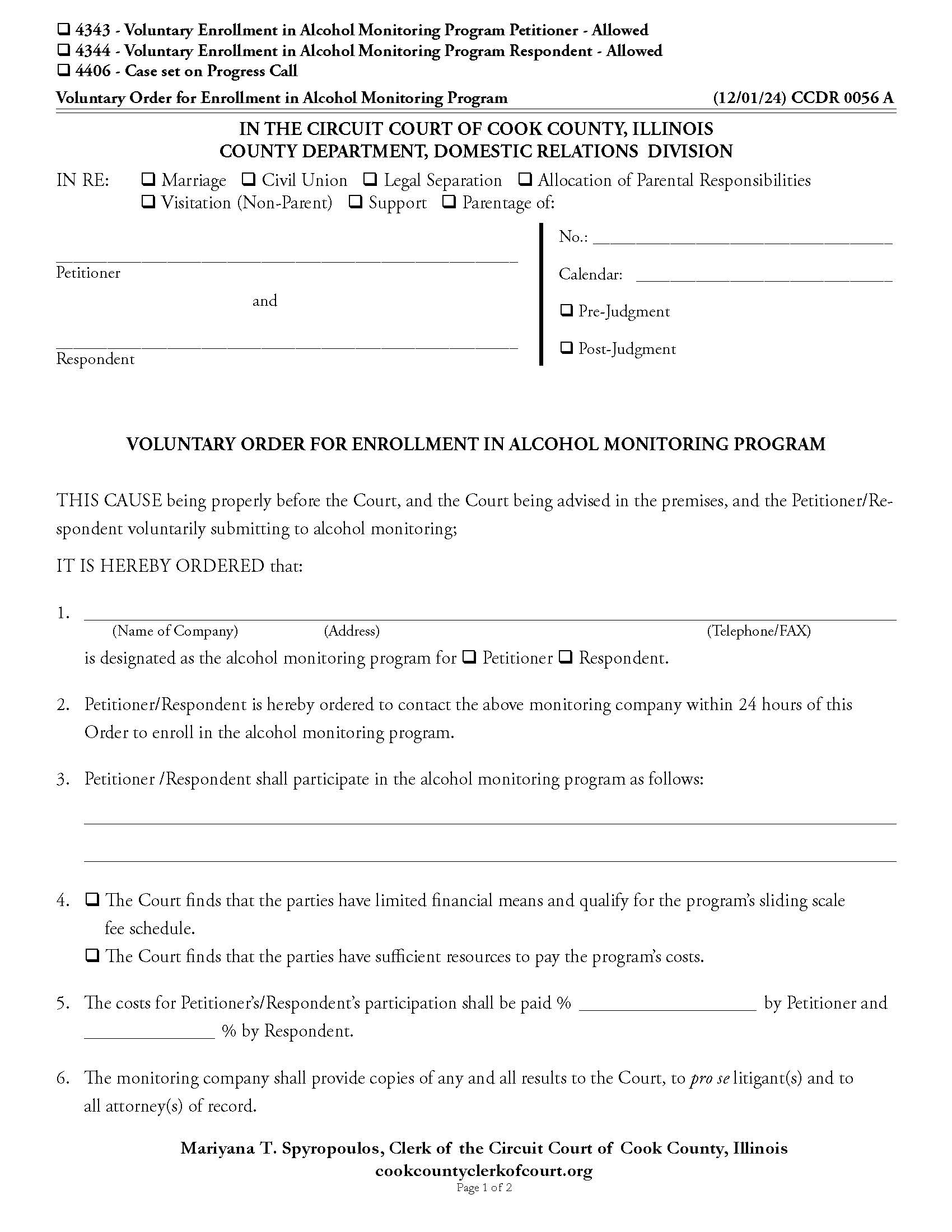 Voluntary Order For Enrollment In Alcohol Monitoring Program {CCDR 0056} | Pdf Fpdf Doc Docx | Illinois