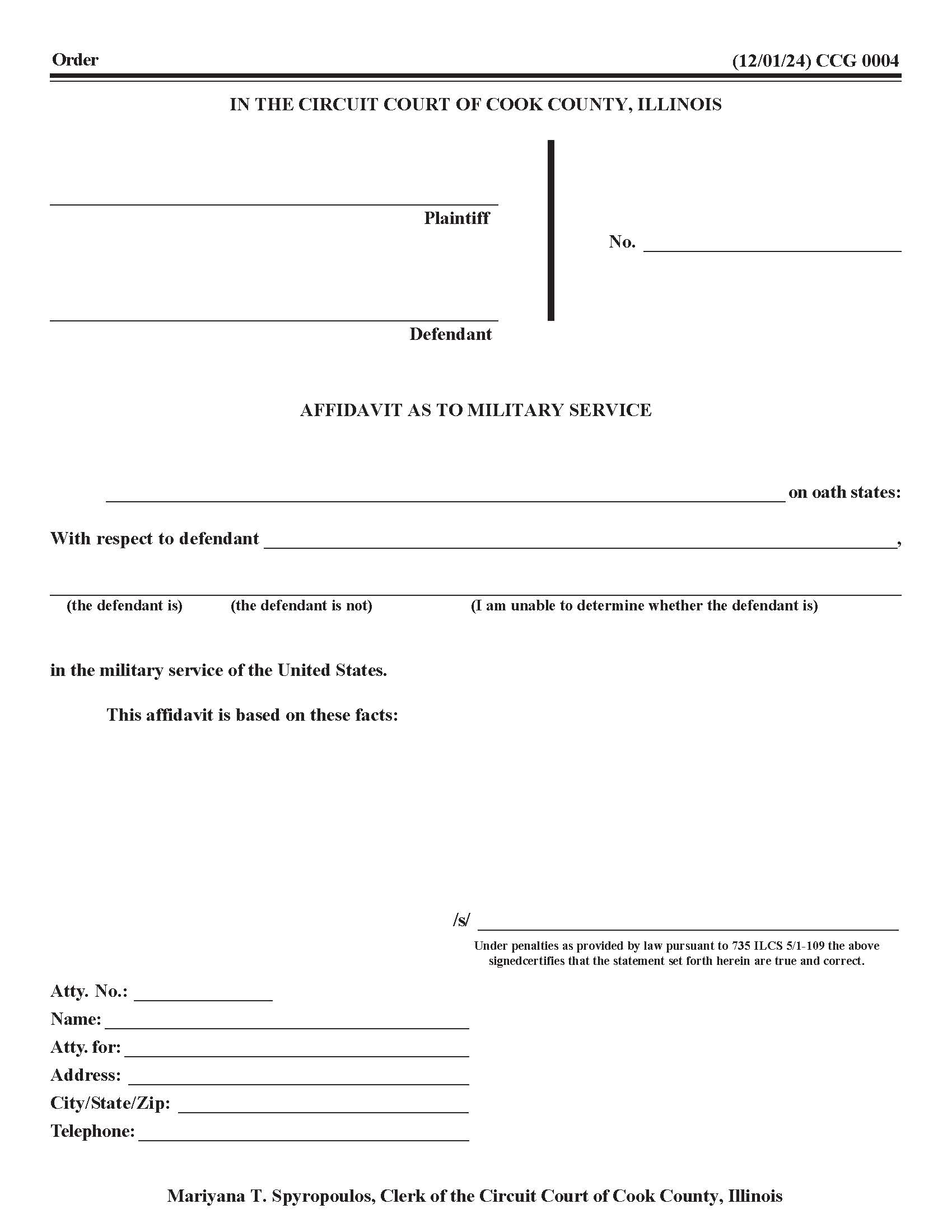 Affidavit As To Military Service {CCG 0004} | Pdf Fpdf Docx | Illinois