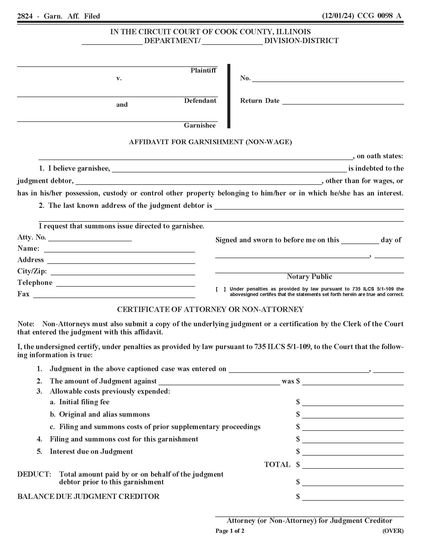 Affidavit For Garnishment Non-Wage {CCG 0098} | Pdf Fpdf Doc Docx | Illinois