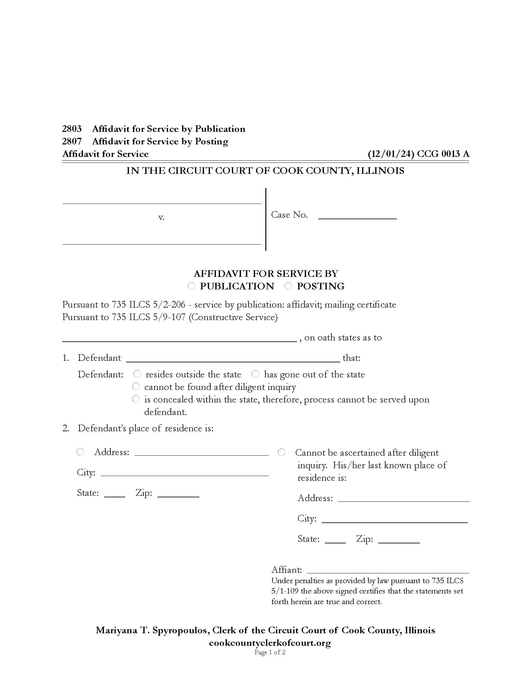 Affidavit For Service By Publication {CCG 0013} | Pdf Fpdf Doc Docx | Illinois