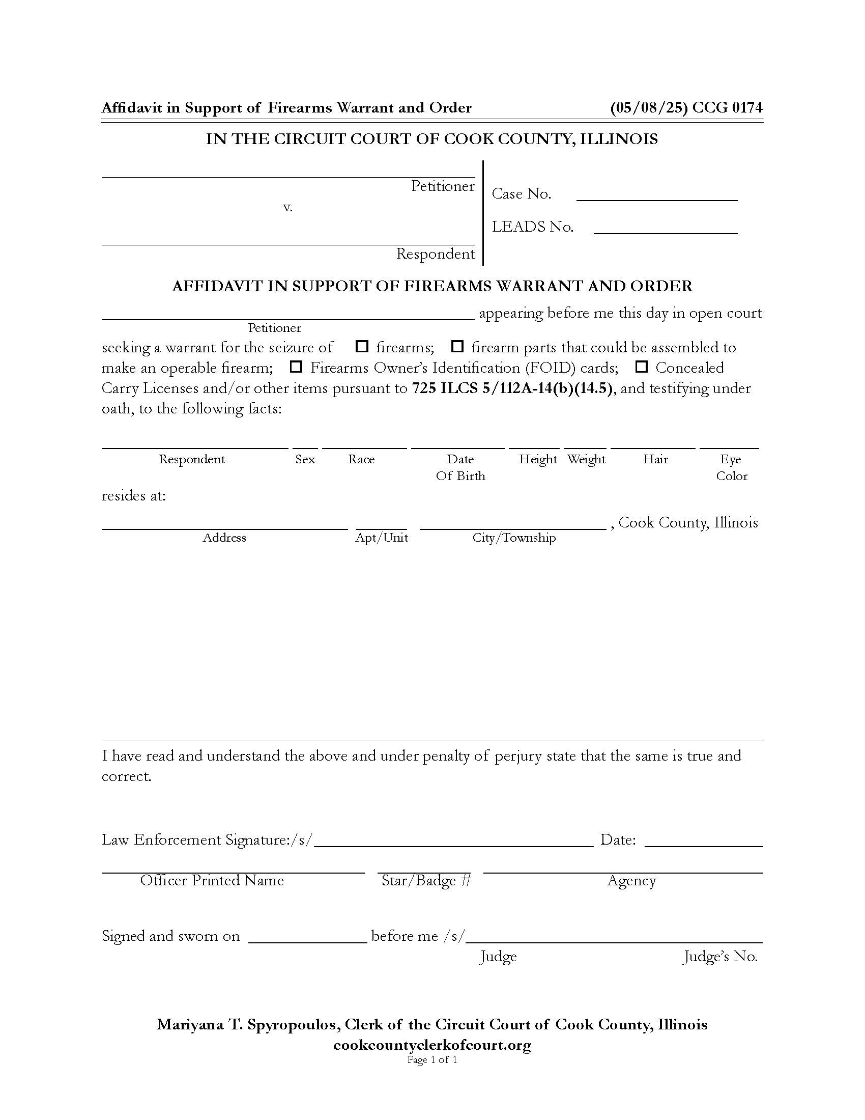 Affidavit In Support Of Firearms Warrant And Order {CCG 0174} | Pdf Fpdf Doc Docx | Illinois