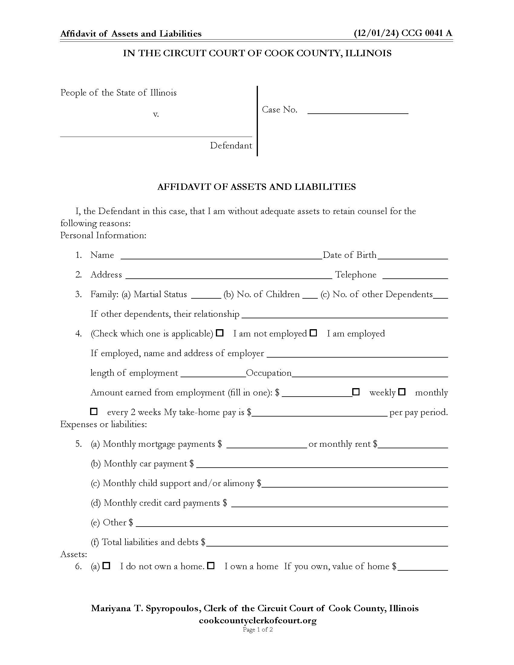 Affidavit Of Assets And Liabilities {CCG 0041} | Pdf Fpdf Doc Docx | Illinois
