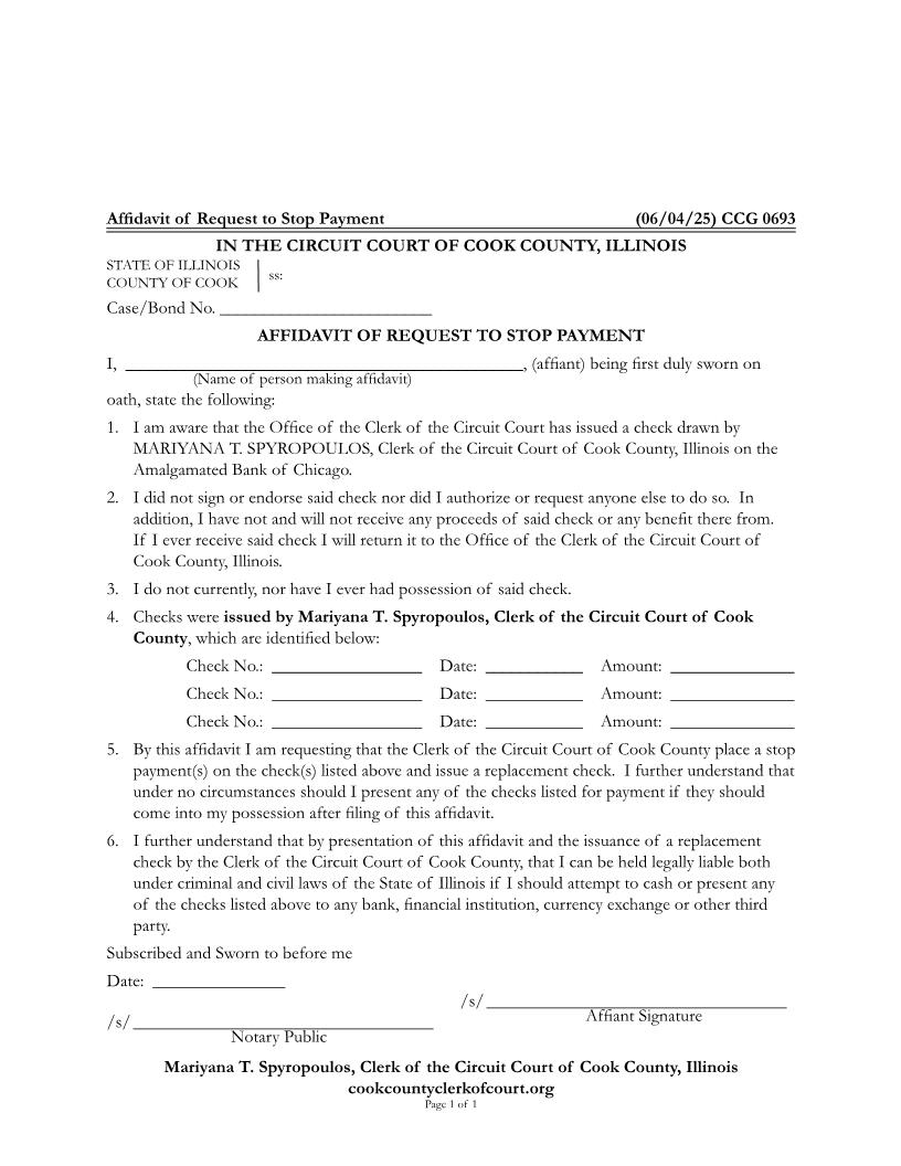 Affidavit Of Request To Stop Payment {CCG 0693} | Pdf Fpdf Docx | Illinois