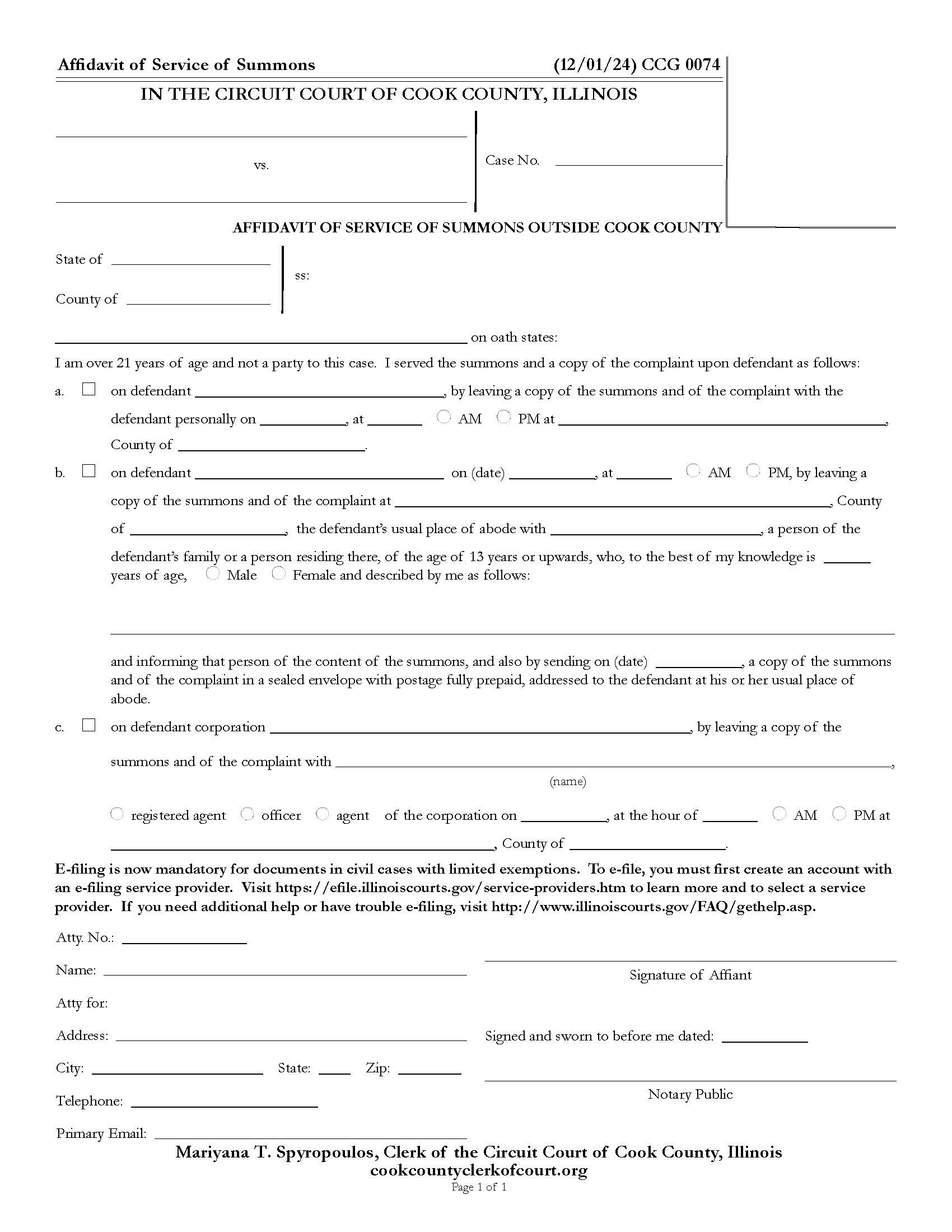 Affidavit Of Service Of Summons Outside Cook County {CCG 0074} | Pdf Fpdf Doc Docx | Illinois