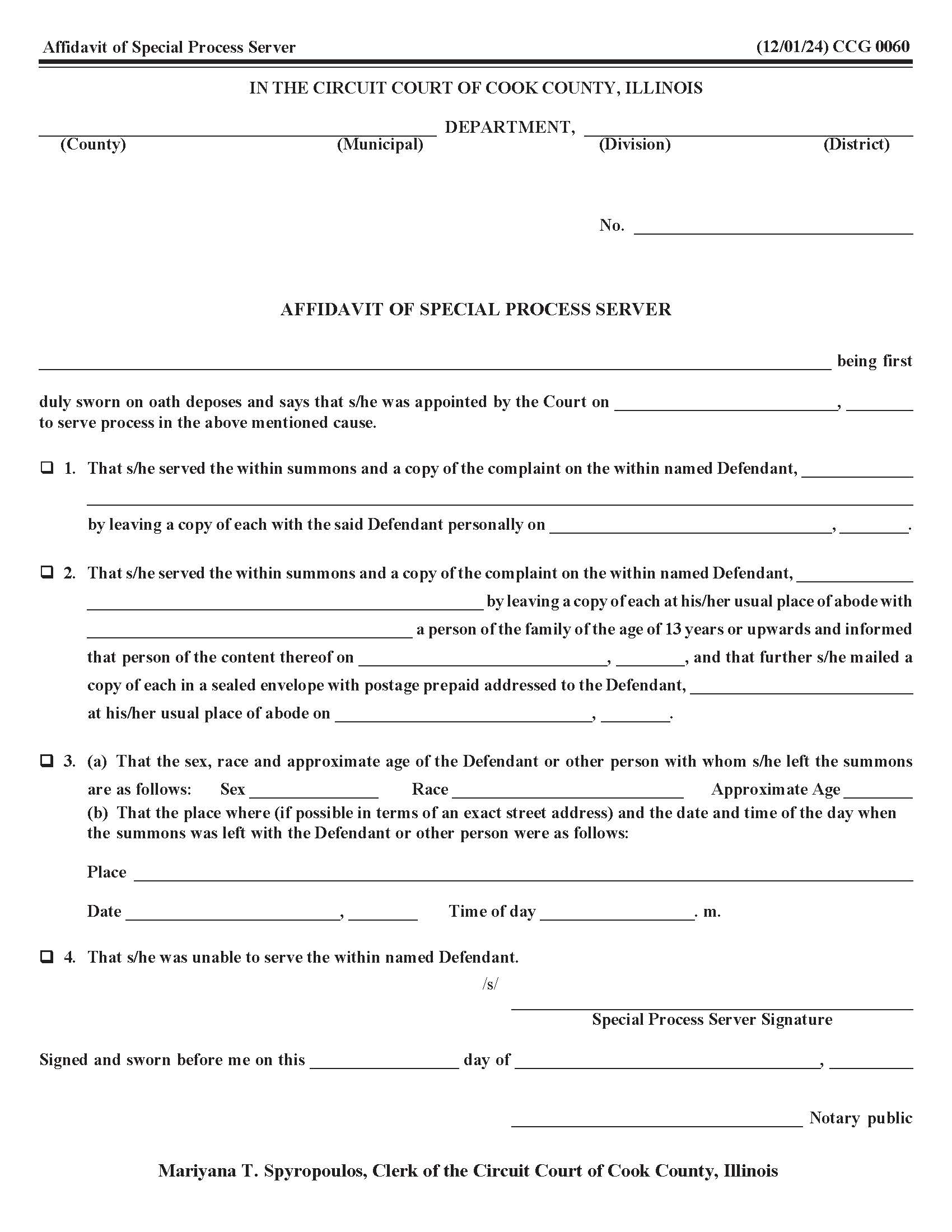 Affidavit Of Special Process Server {CCG 0060} | Pdf Fpdf Docx | Illinois
