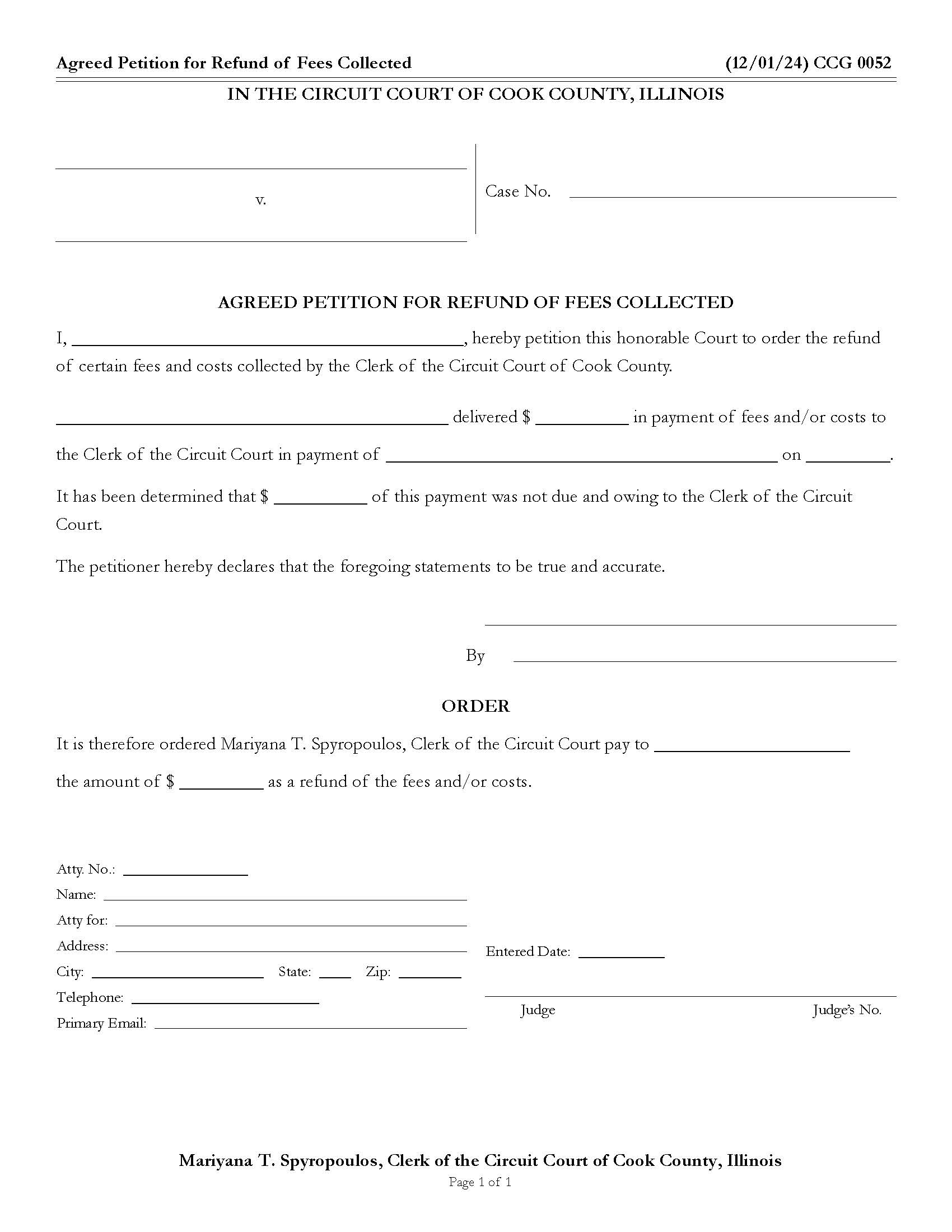 Agreed Petition for Refund of Fees Collected {CCG 0052} | Pdf Fpdf Doc Docx | Illinois