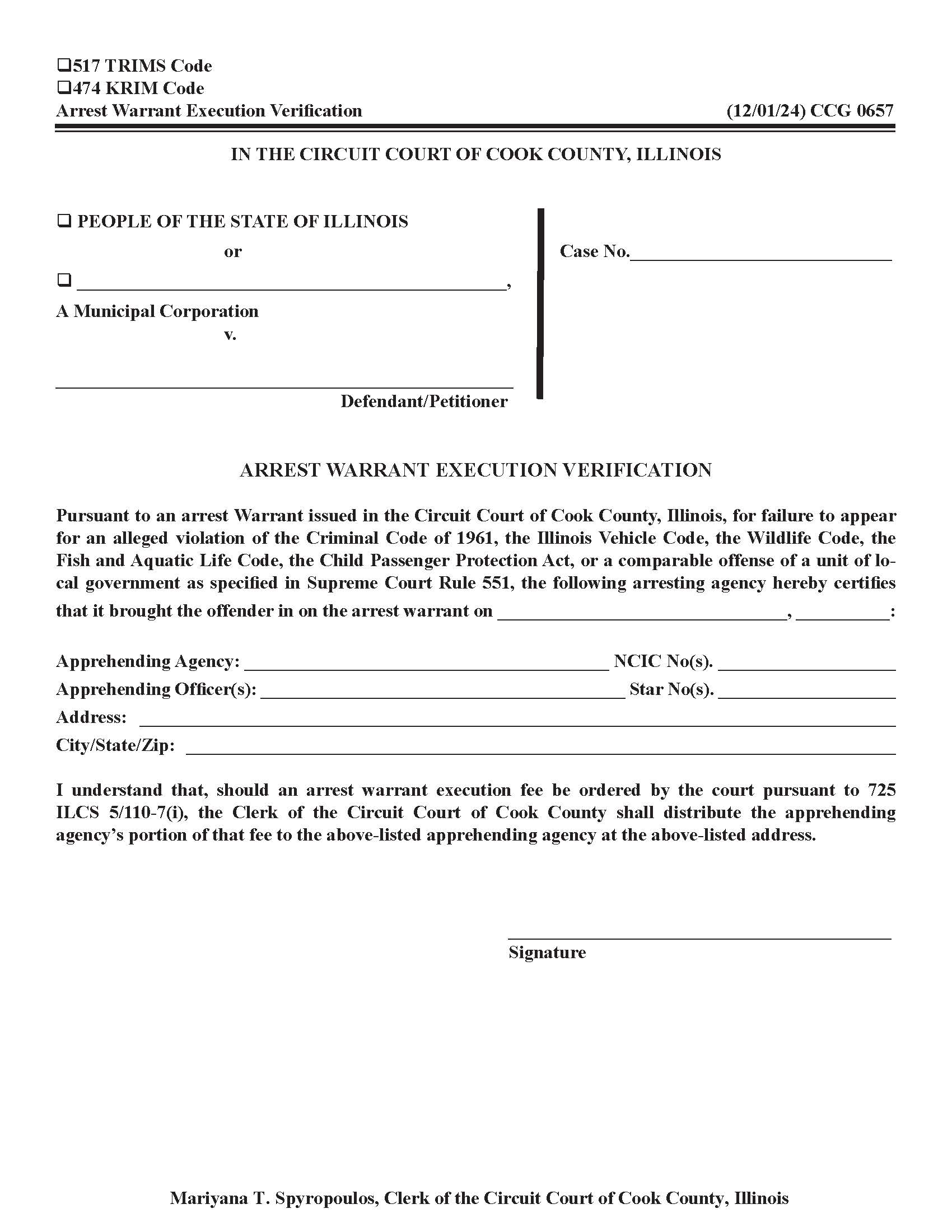 Arrest Warrant Execution Verification {CCG 0657} | Pdf Fpdf Docx | Illinois