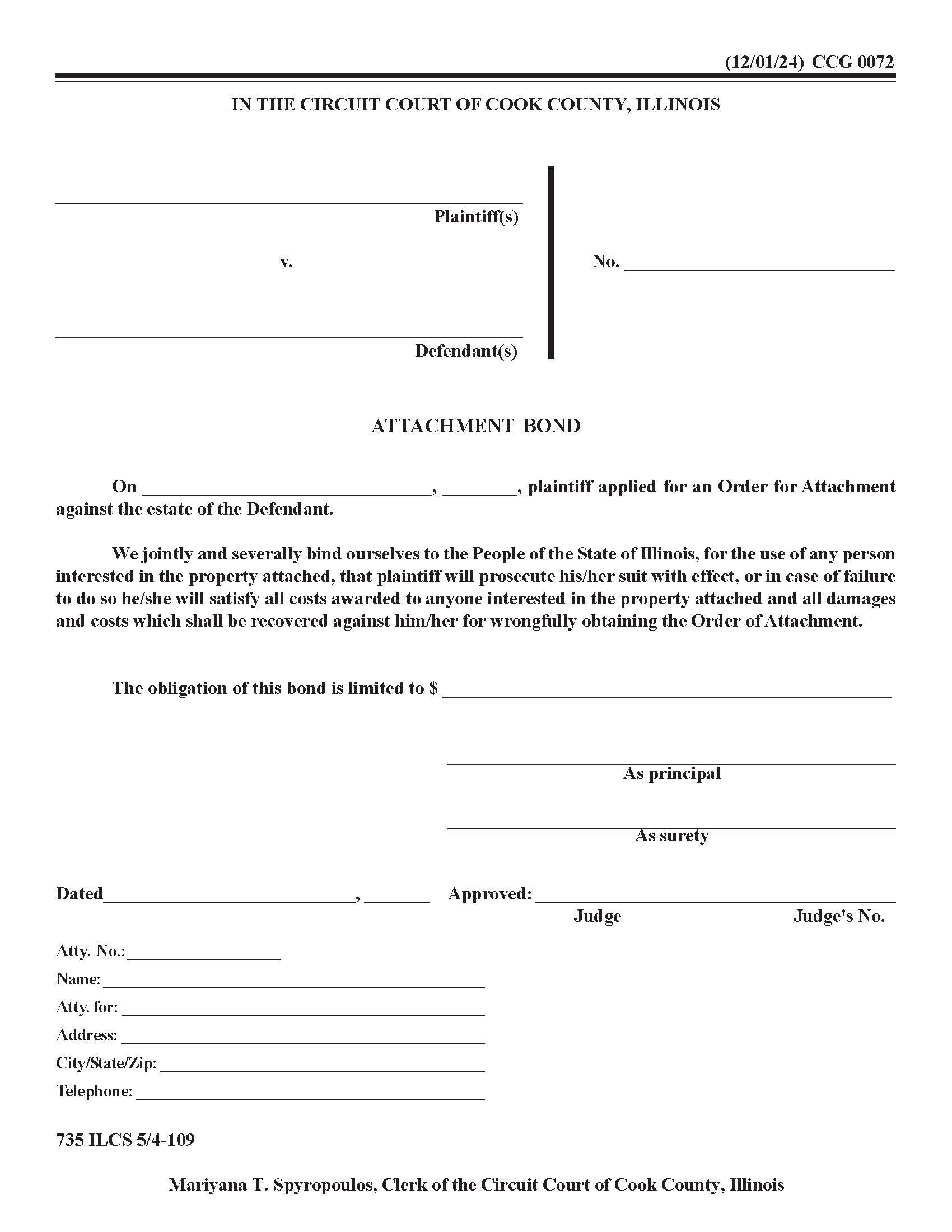Attachment Bond {CCG 0072} | Pdf Fpdf Docx | Illinois