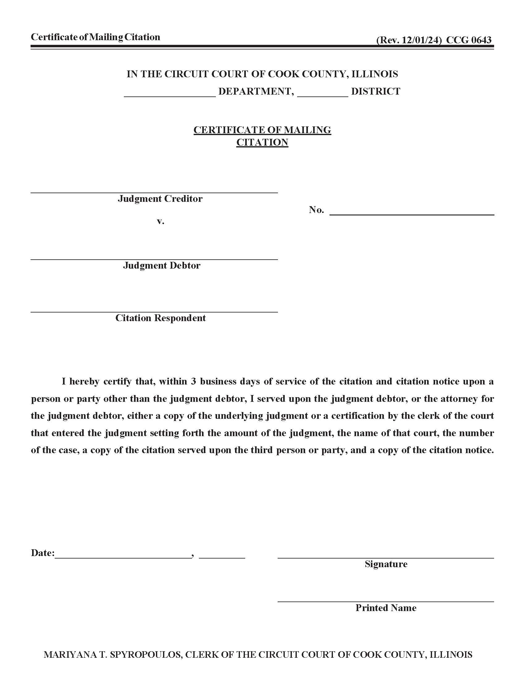 Certificate Of Mailing Citation {CCG 0643} | Pdf Fpdf Docx | Illinois