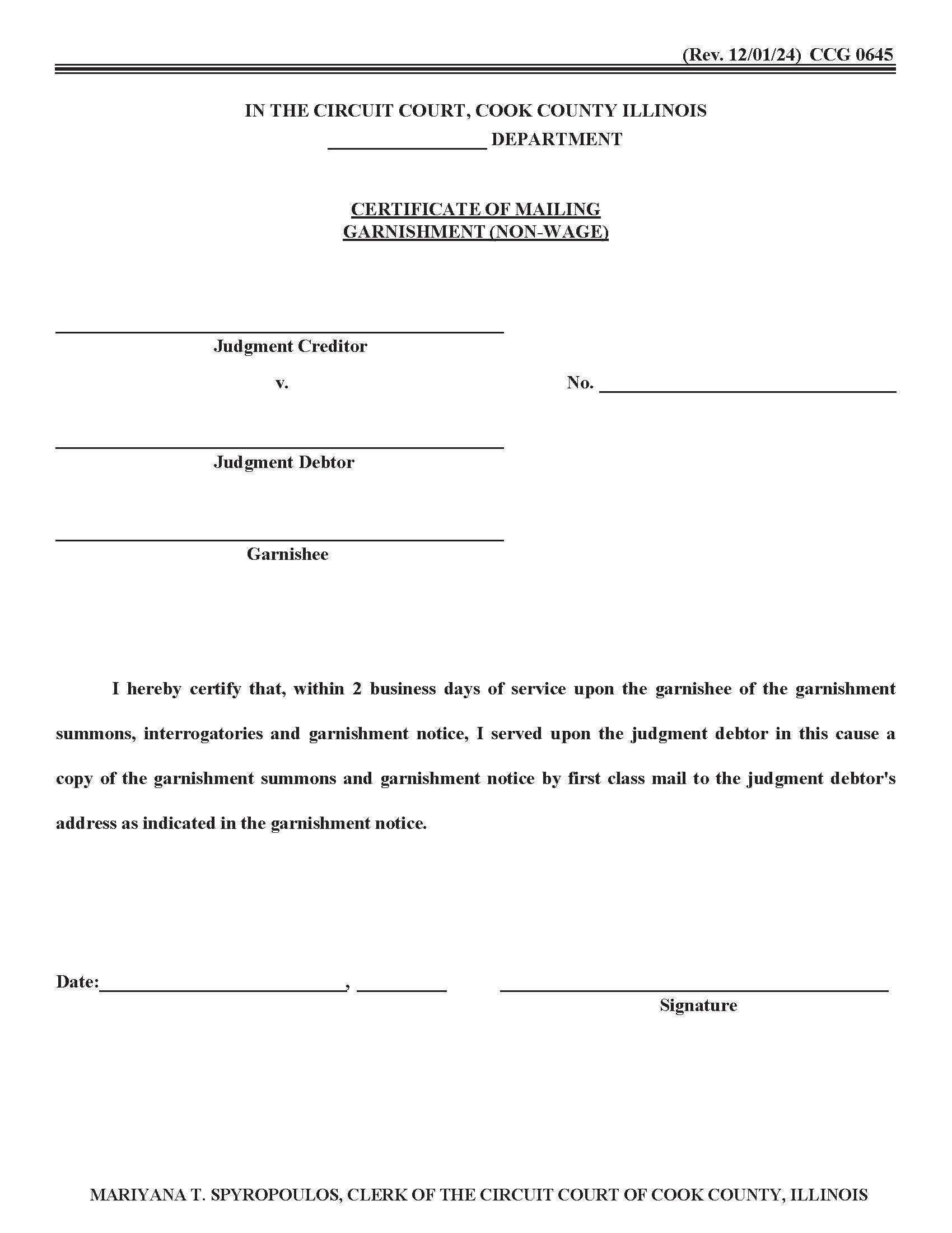Certificate Of Mailing Garnishment (Non-Wage) {CCG 0645} | Pdf Fpdf Docx | Illinois