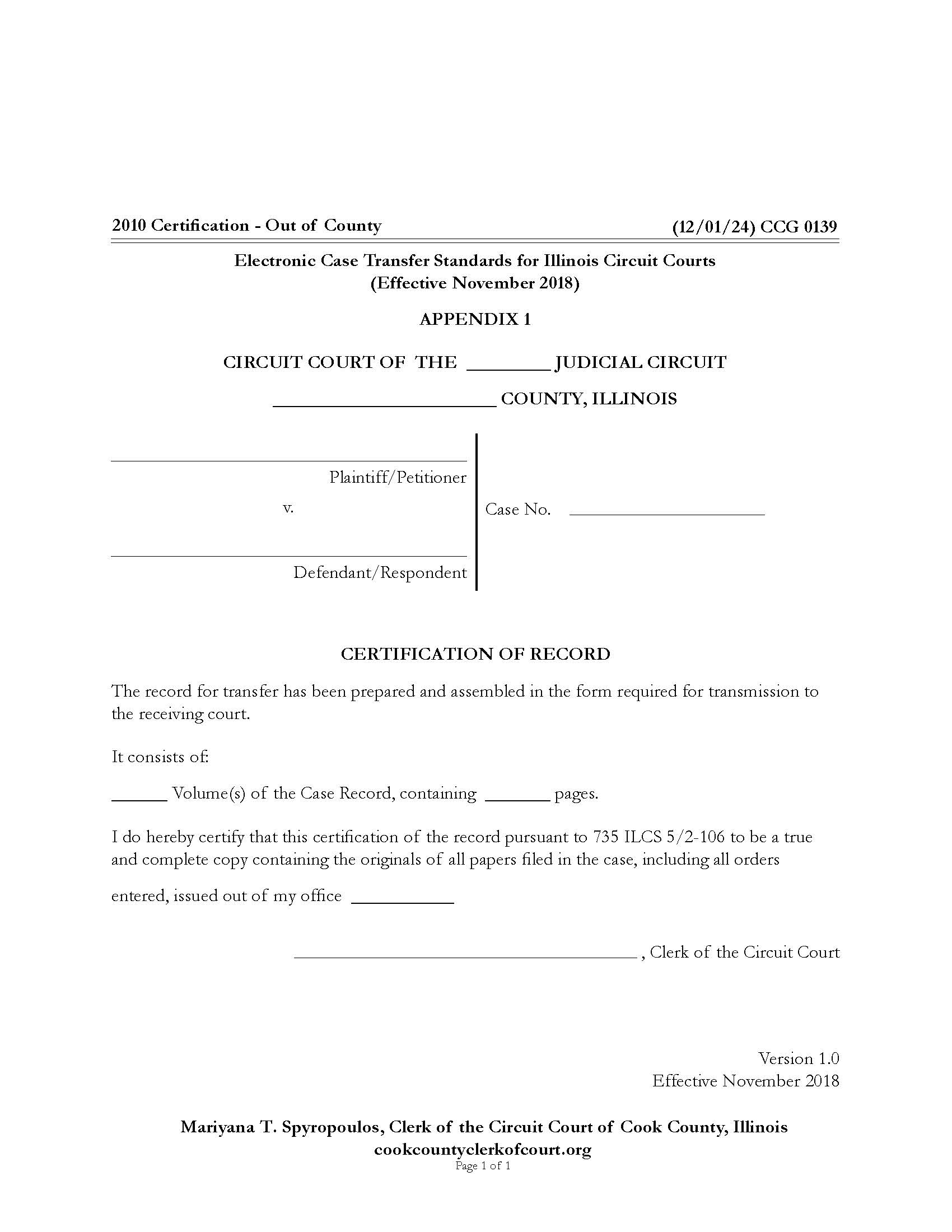 Certification Of Record (Out Of County) {CCG 0139} | Pdf Fpdf Docx | Illinois
