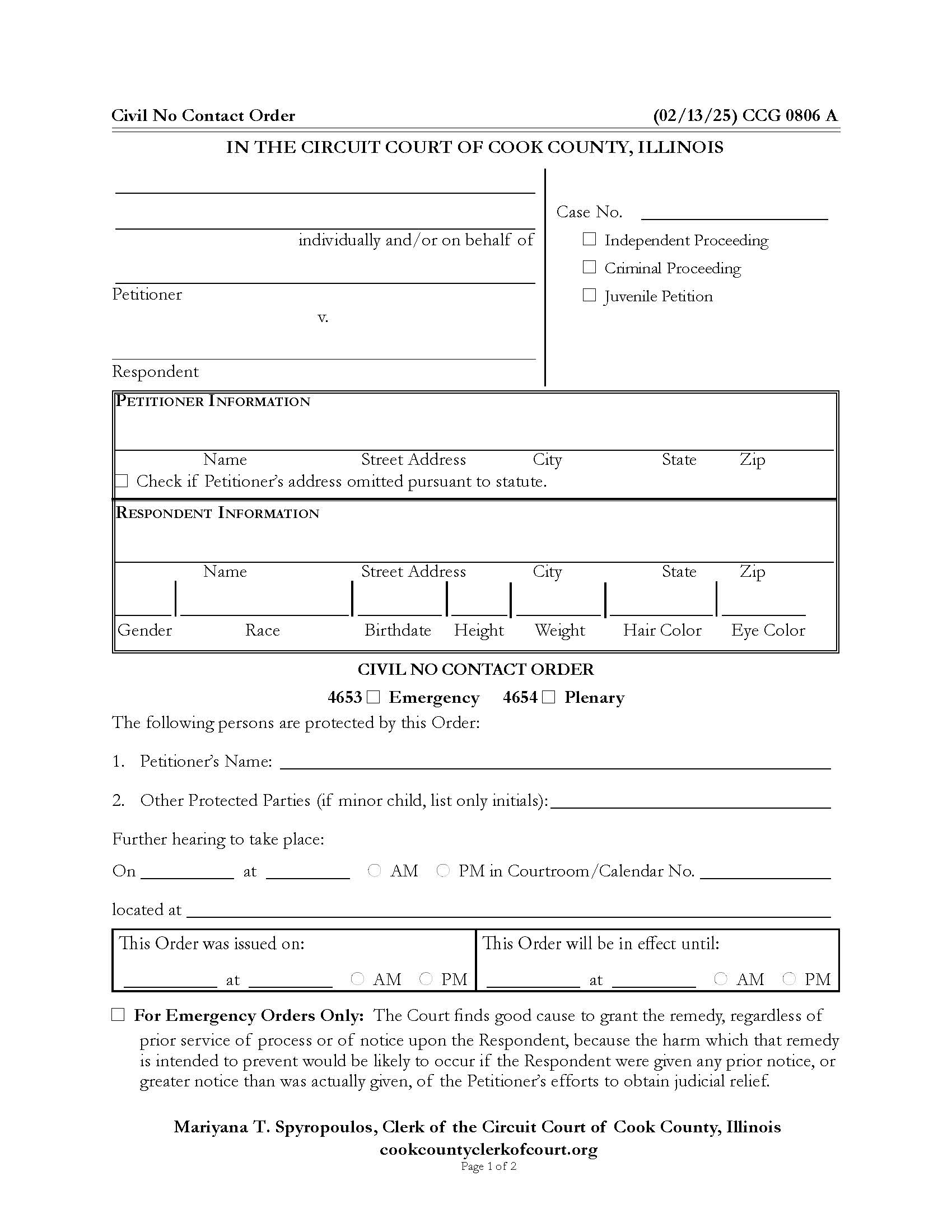 Civil No Contact Order {CCG 0806} | Pdf Fpdf Doc Docx | Illinois
