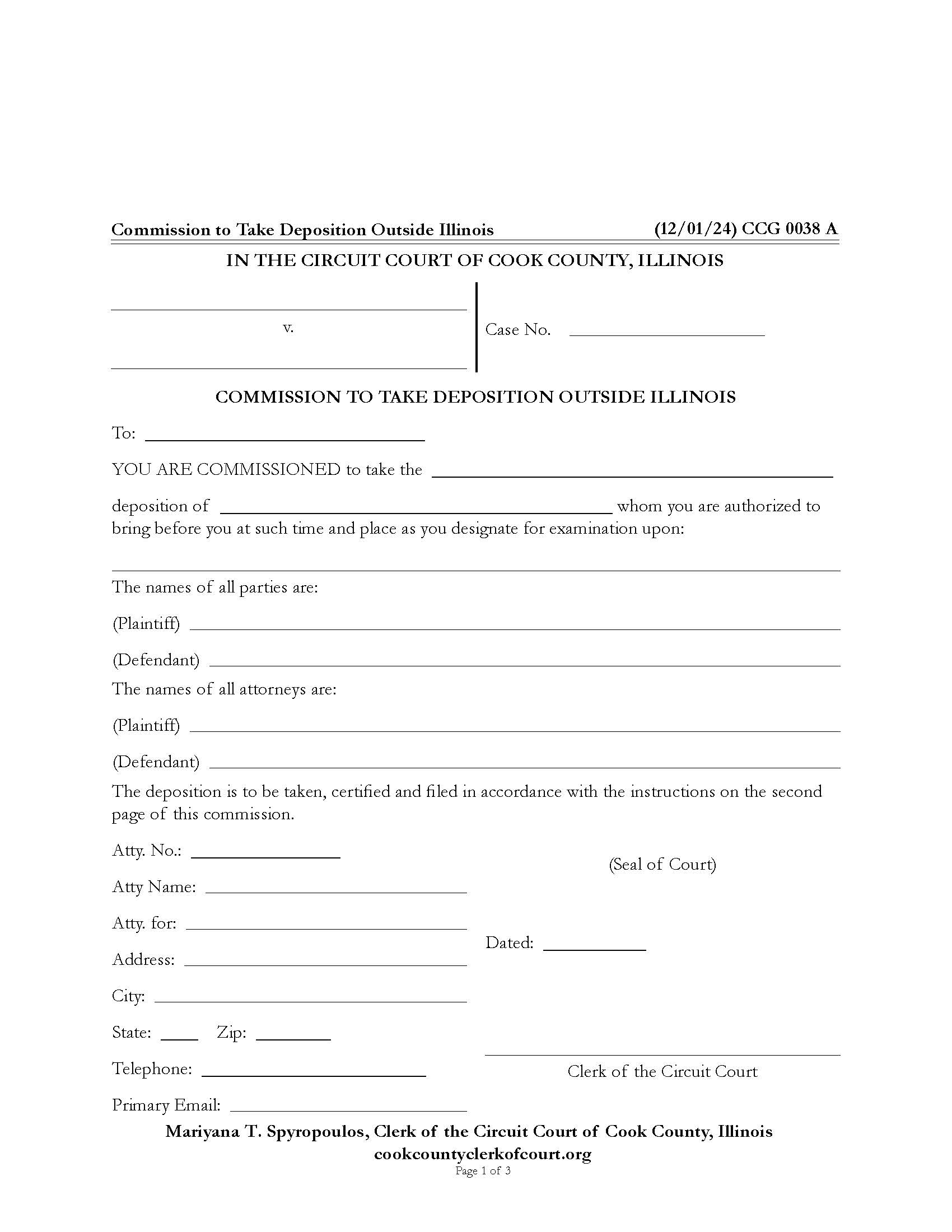 Commission To Take Deposition Outside Illinois {CCG 0038} | Pdf Fpdf Doc Docx | Illinois