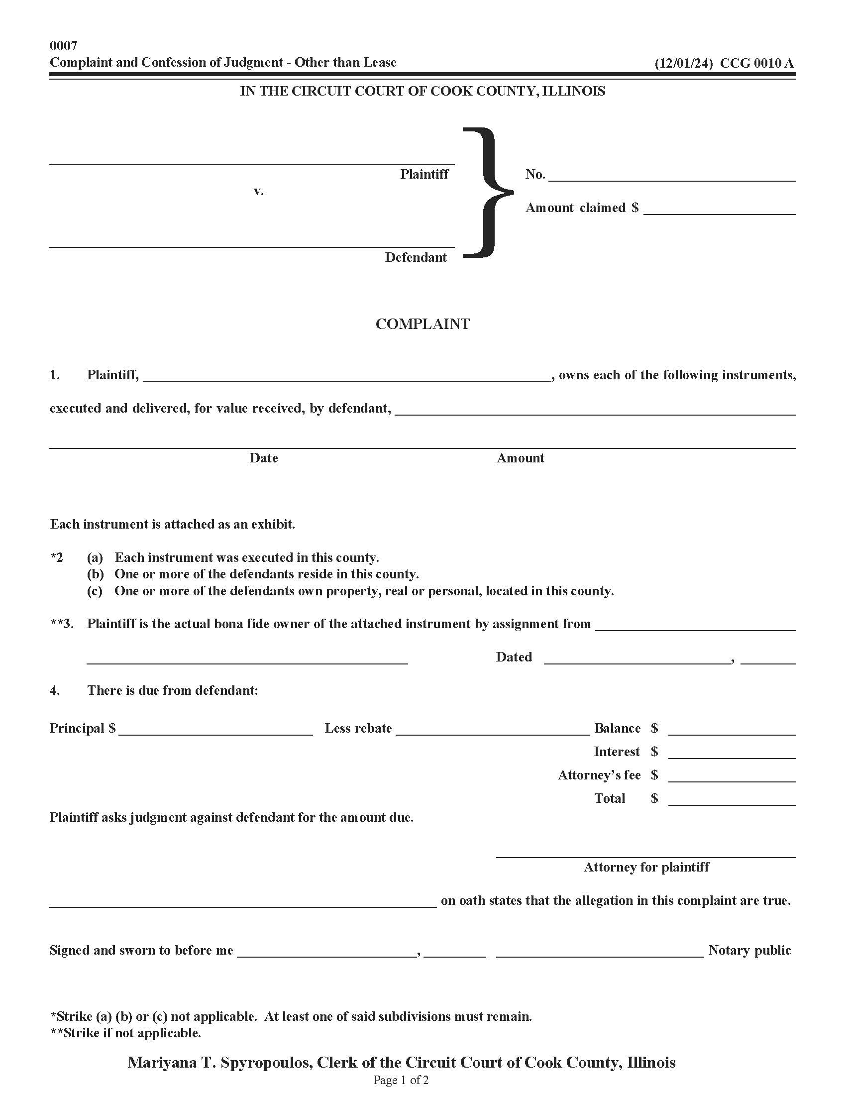Complaint And Confession Of Judgment - Other Than Lease {CCG 0010} | Pdf Fpdf Doc Docx | Illinois