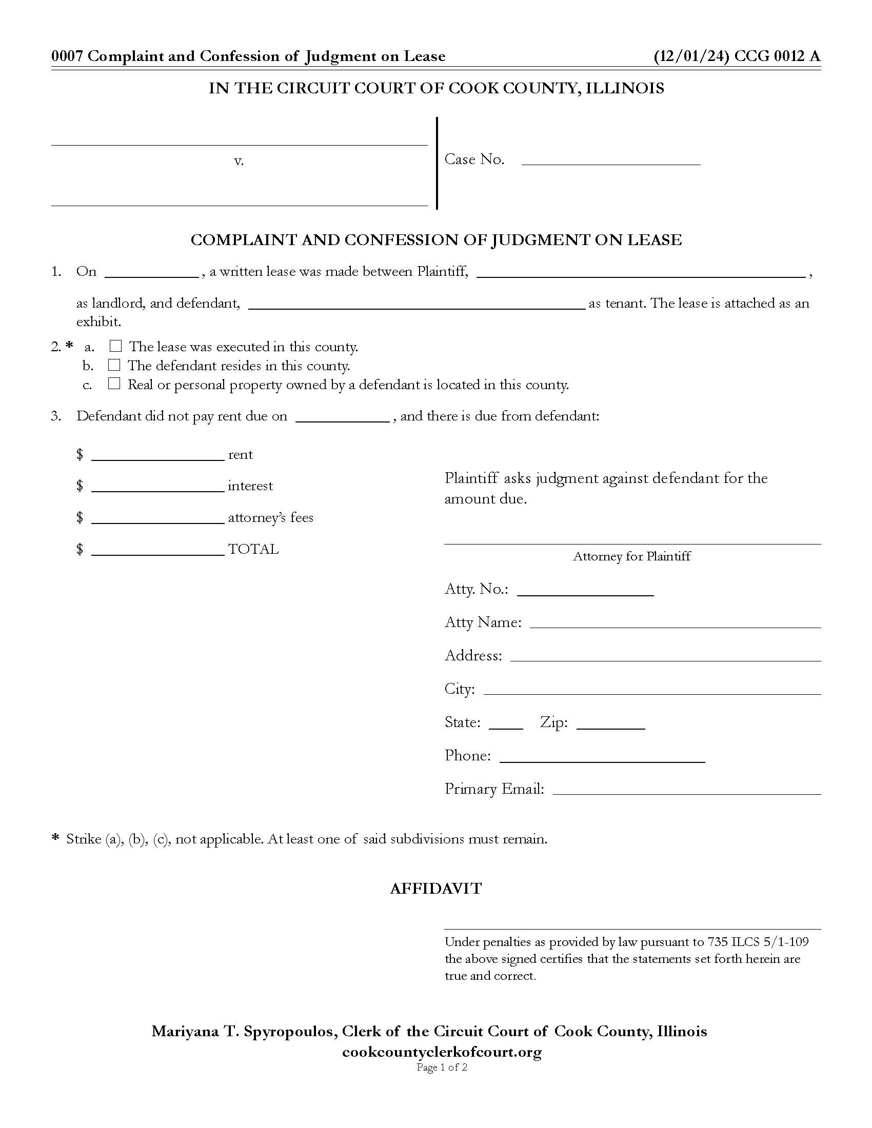 Complaint And Confession Of Judgment On Lease {CCG 0012} | Pdf Fpdf Docx | Illinois