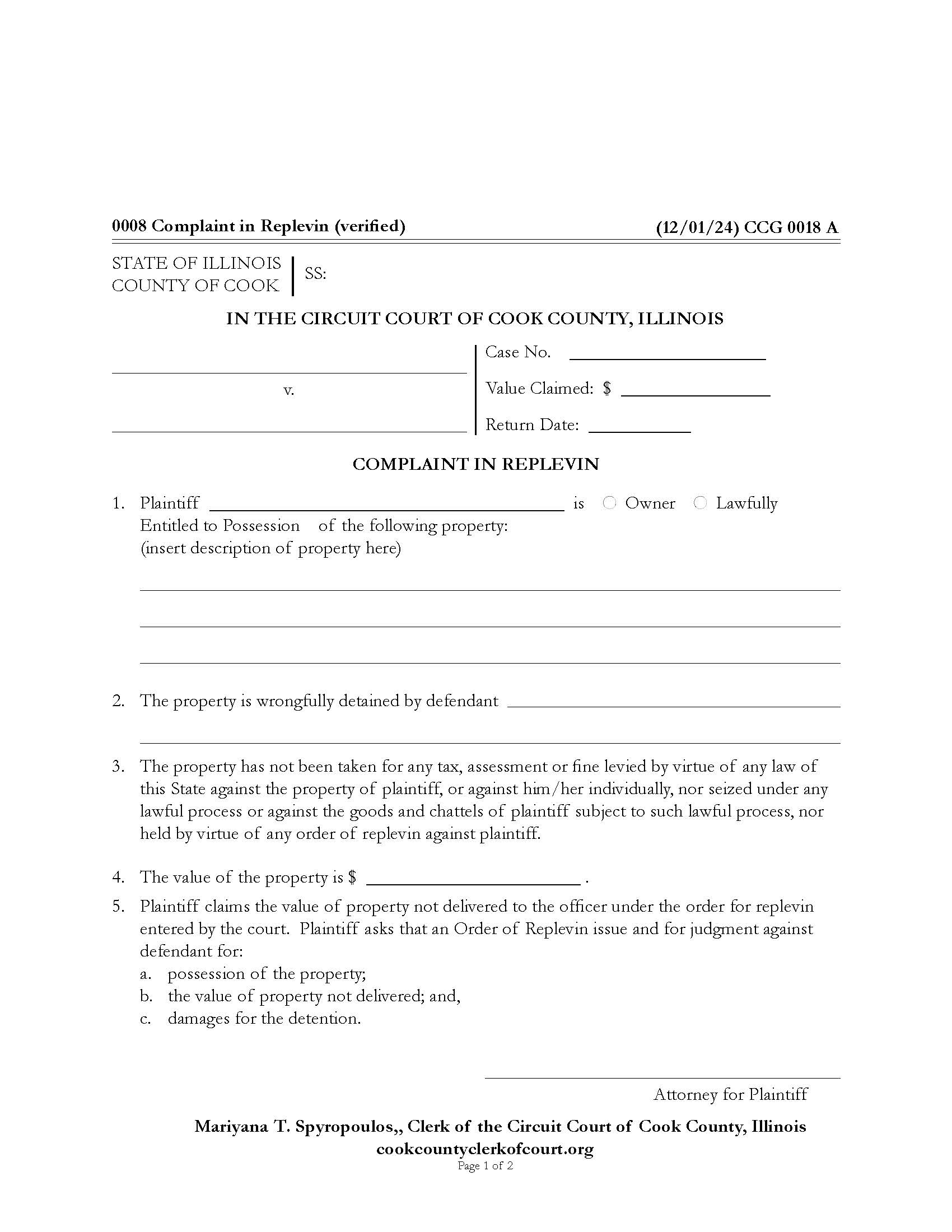 Complaint In Replevin {CCG 0018} | Pdf Fpdf Docx | Illinois